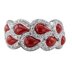 Red Coral Diamond Platinum Ring Band
