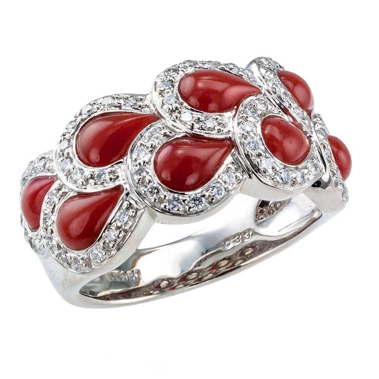 Red Coral Diamond Platinum Ring Band at 1stDibs
