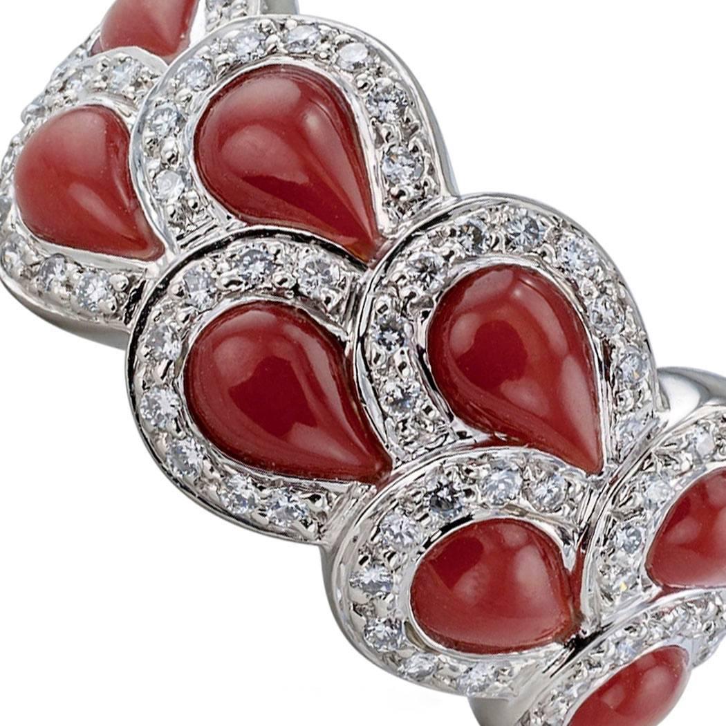 Contemporary Red Coral Diamond Platinum Ring Band