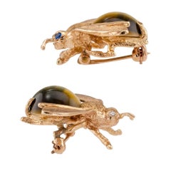 1960 Honeybee Tiger Eye Diamond Gold Brooch Set