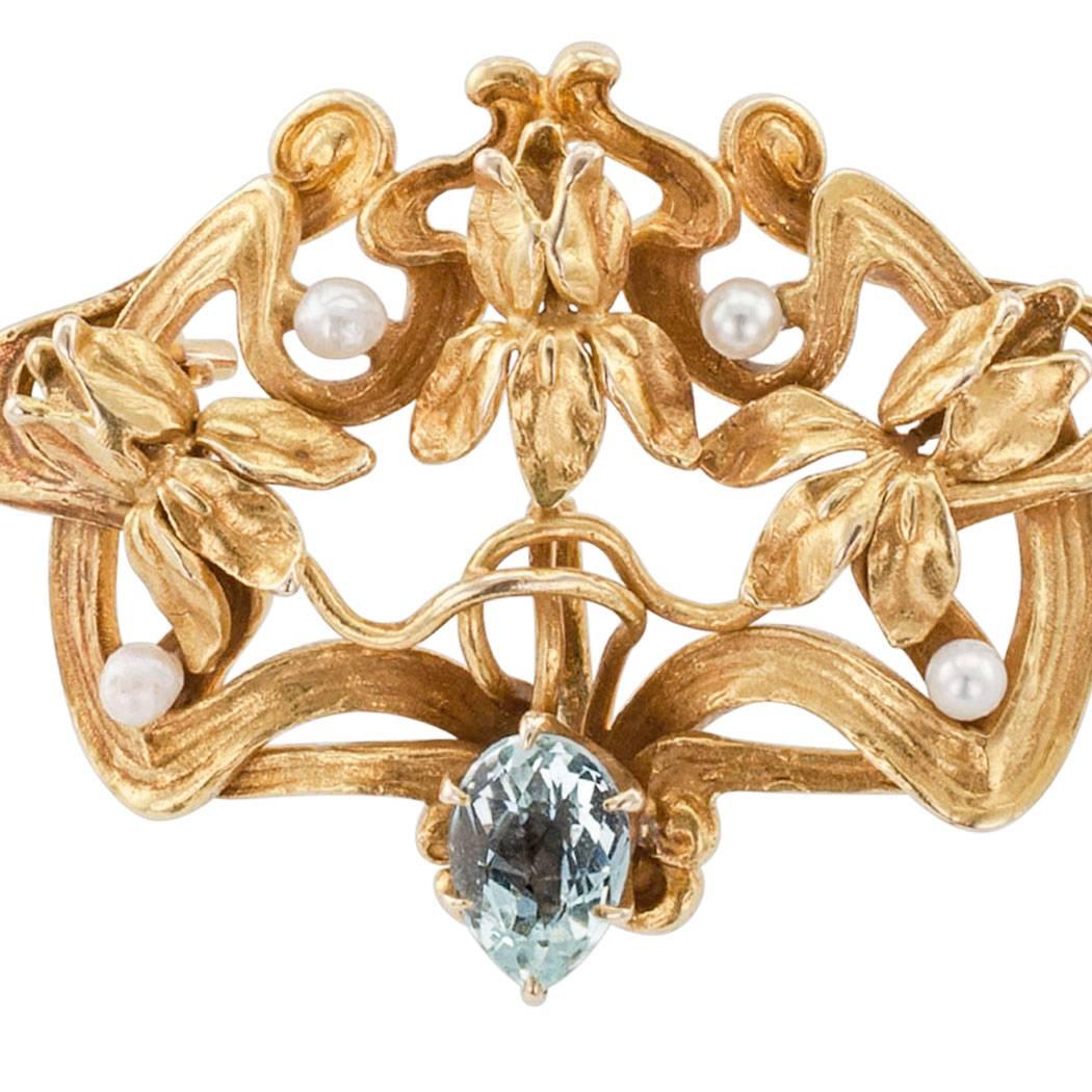 Women's Art Nouveau Iris Aquamarine Seed Pearl Gold Brooch