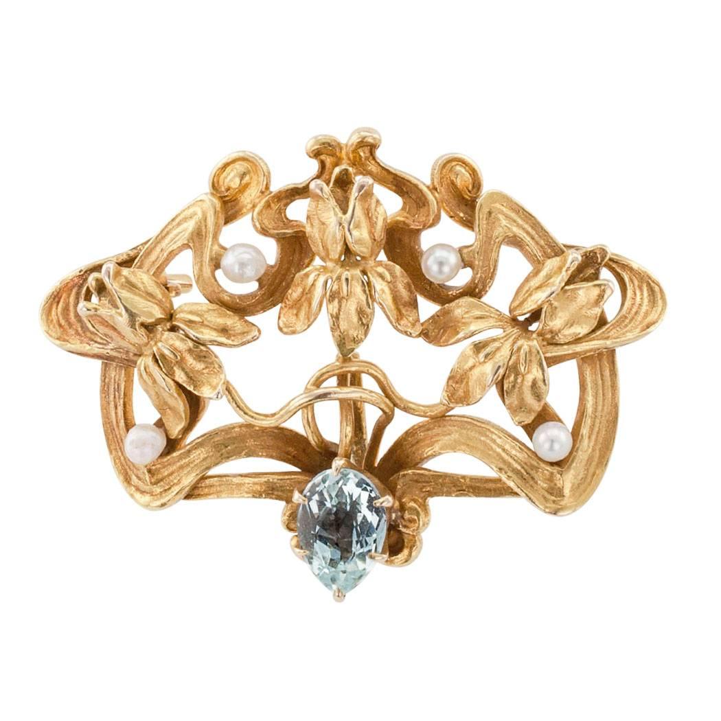 Art Nouveau Iris Aquamarine Seed Pearl Gold Brooch