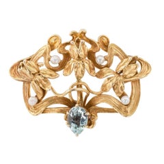 Art Nouveau Iris Aquamarine Seed Pearl Gold Brooch