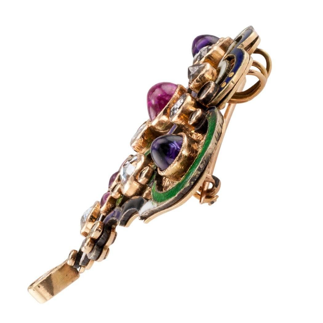 Rose Cut Victorian Diamond Amethyst Ruby Enamel Gold Silver Brooch Pendant