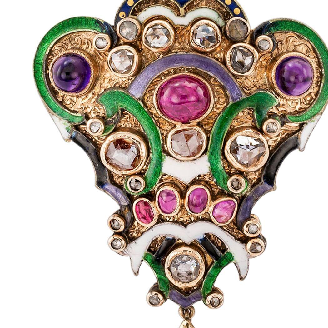 Victorian Diamond Amethyst Ruby Enamel Gold Silver Brooch Pendant In Good Condition In Los Angeles, CA