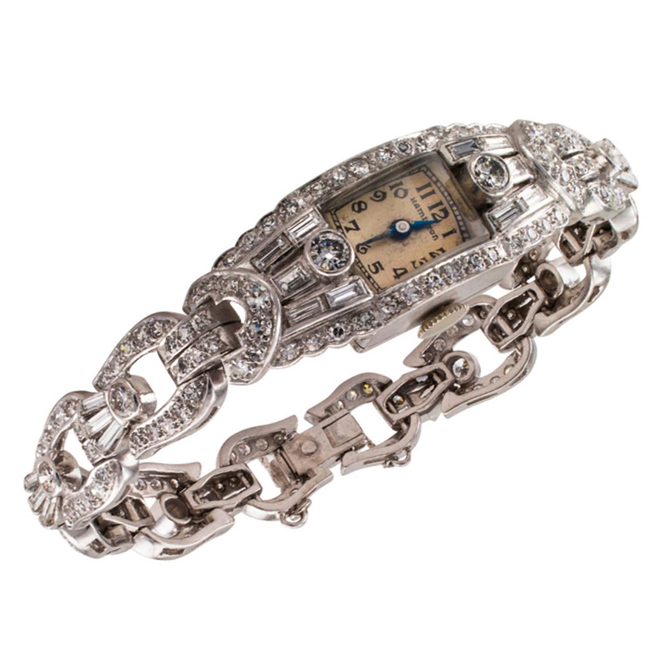 Hamilton Ladies Platinum Diamond Wristwatch In Excellent Condition In Los Angeles, CA