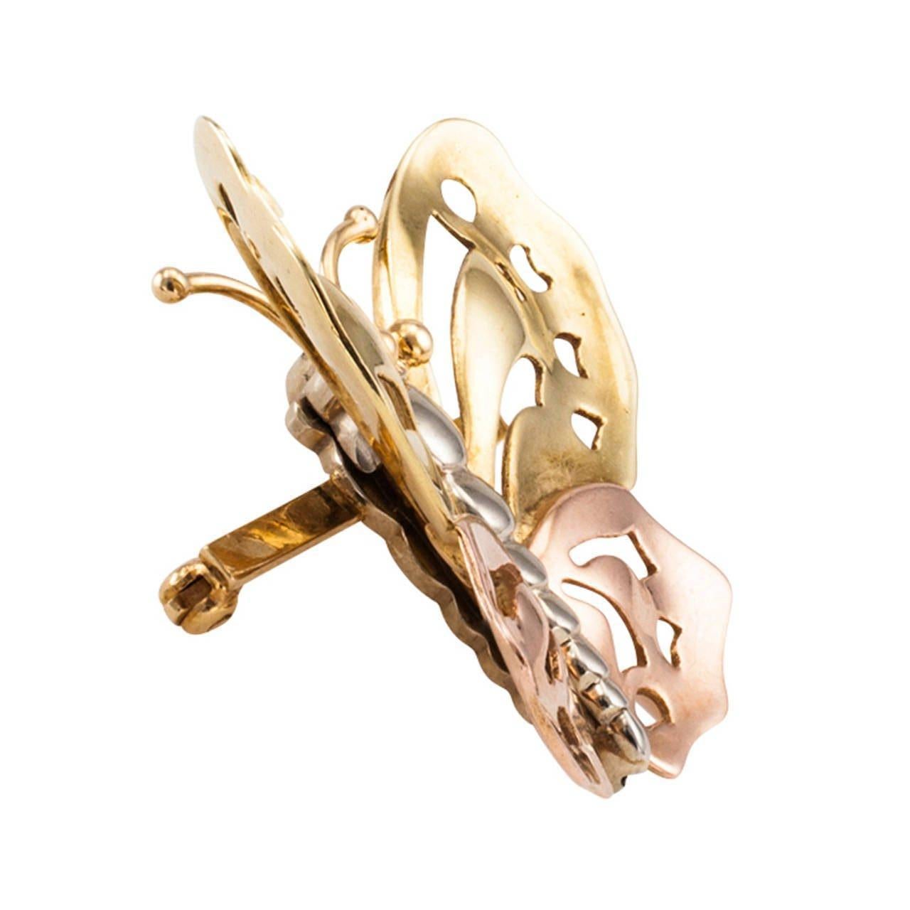 Three Colors Of Gold Handcrafted Retro Butterfly Brooch

This beautiful butterfly is entirely hand fabricated in 14 karat pink, green and white gold, with pierced and articulated wings, signed MASSALONE.  Approximately 1 3/4