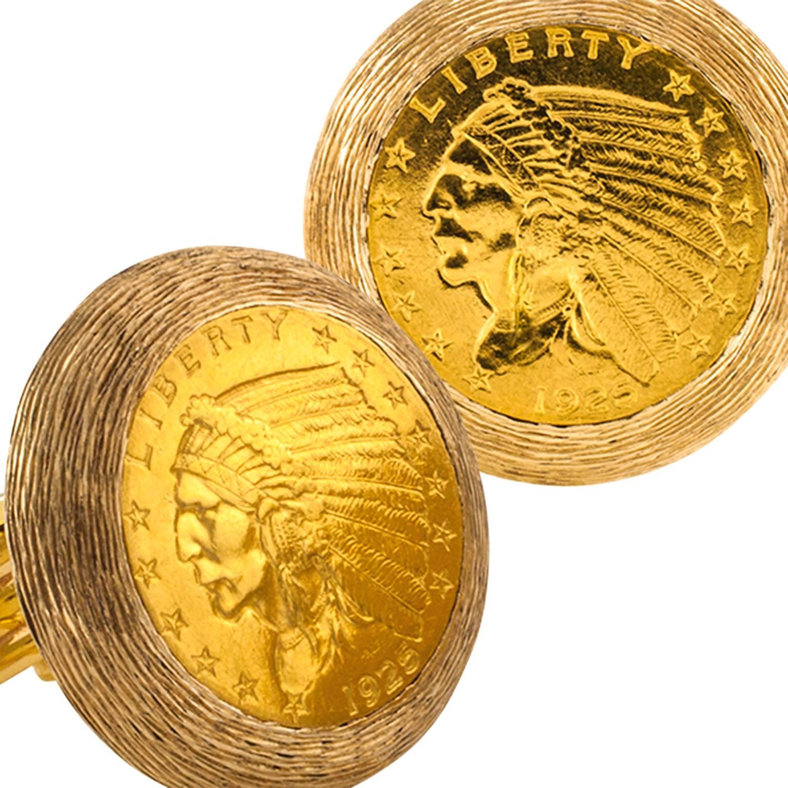 US $2.50 Indian Head Gold Coin Cuff Links
 An unusual pairing of 1925 Indian Head US $2.50 gold coins that are most definitely going to add an elegant and sartorial touch.  Mounted in 14 karat yellow gold with Florentine bezels and fluted,
