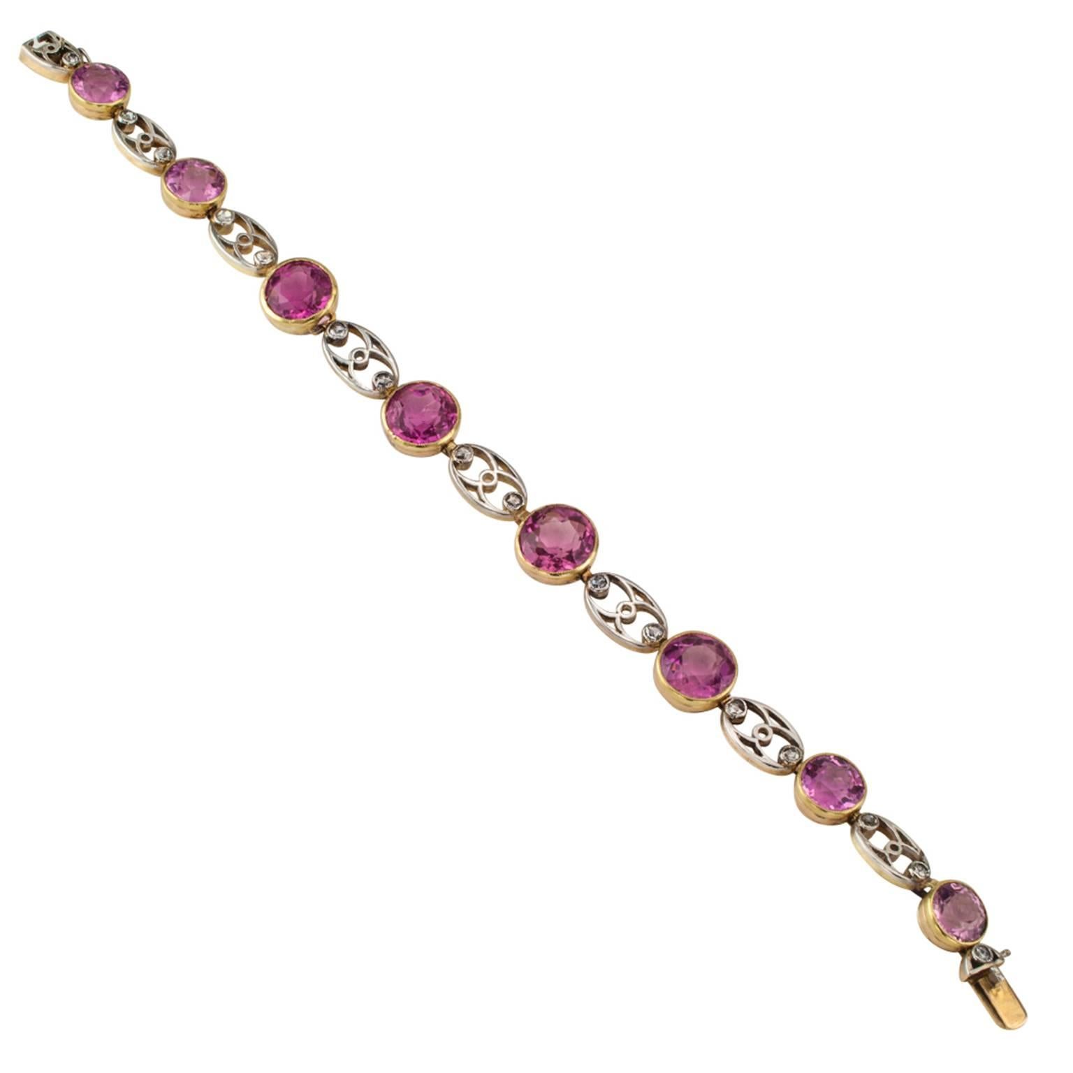 Edwardian Pink Tourmaline and Rose-Cut Diamond Bracelet

The Edwardians and their romantic designs, these pink tourmalines are so pretty and outstanding, hushed key players, like the roses in a carefully chosen bouquet.  This is a splendid