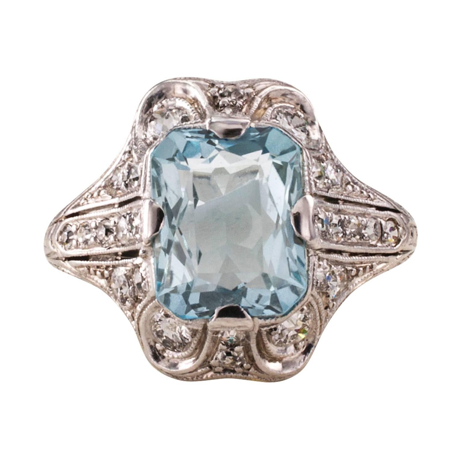 Bailey Banks and Biddle Estate Aquamarine and Diamond Art Deco Ring

A lovely treasure from the past to grace the finger of a fortunate lady.  The ring is very pristine, not to mention beautiful.  The Art Deco platinum mount showcasing an