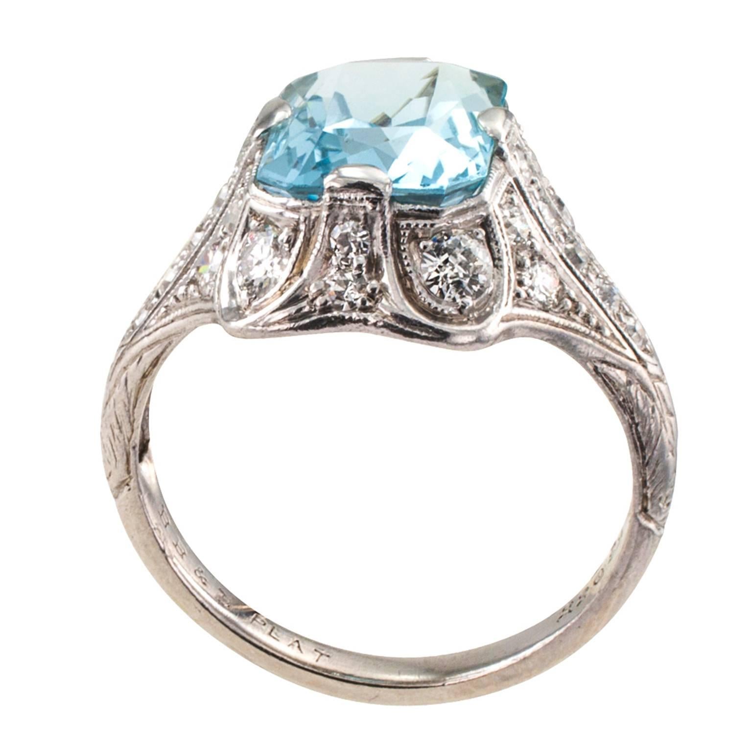 Bailey Banks & Biddle Art Deco Aquamarine Diamond Platinum Ring 1