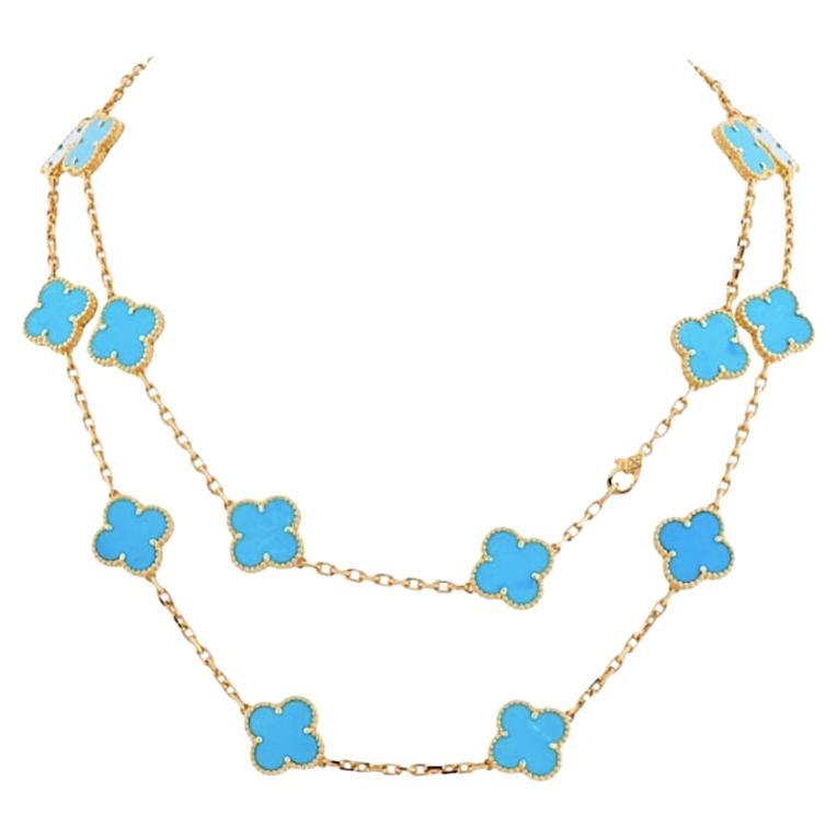 Van Cleef & Arpels Turquoise 20 Motif Alhambra Necklace in 18K Yellow Gold
