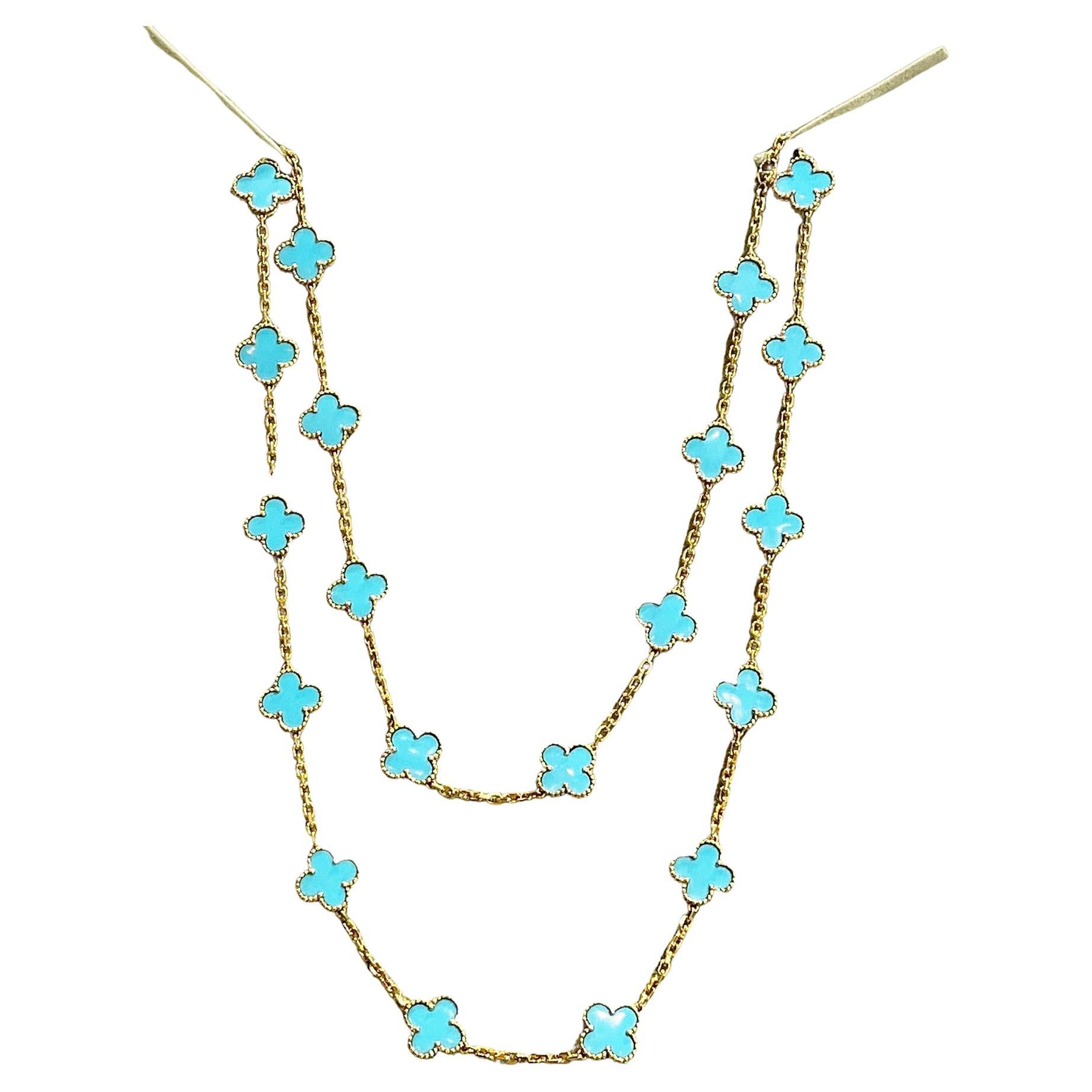 *EXTREMELY RARE & COLLECTIBLE * Van Cleef & Arpels Turquoise 20 Motif Alhambra Necklace in 18K Yellow Gold

Designer:  Van Cleef & Arpels 

Collection:  Vintage Alhambra

Style:  20 Motif Necklace

Metal Type: Yellow Gold 

Metal Purity: 18k

Stone: