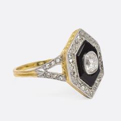 French Antique Diamond and Onyx Hexagal Cocktail Ring