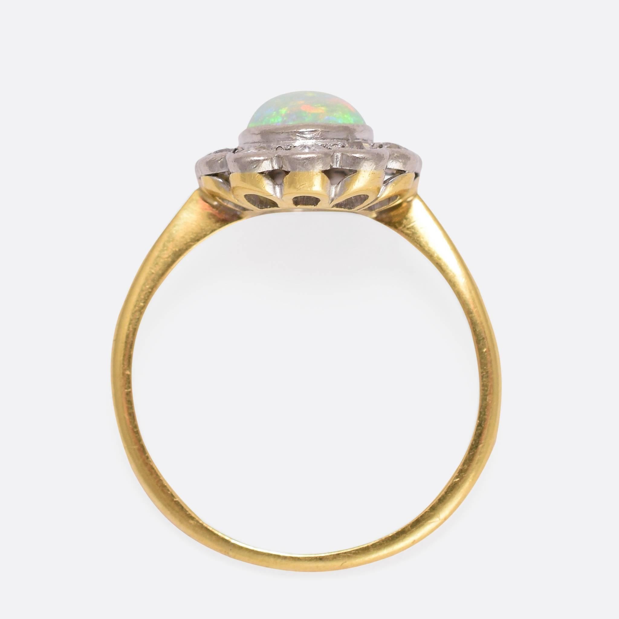Edwardian Opal Diamond Flower Cluster Gold Platinum Ring  1