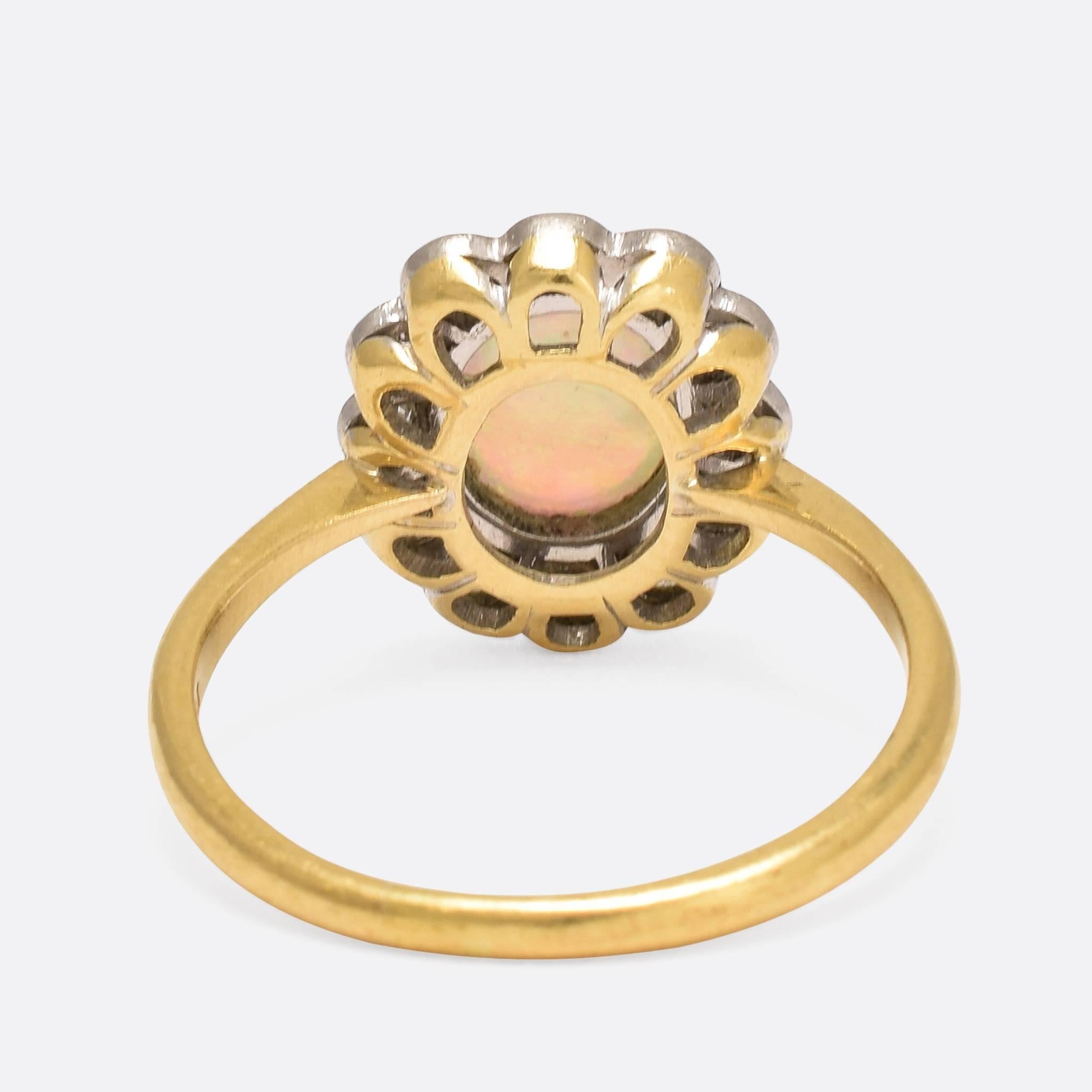 Edwardian Opal Diamond Flower Cluster Gold Platinum Ring  In Excellent Condition In Sale, Cheshire