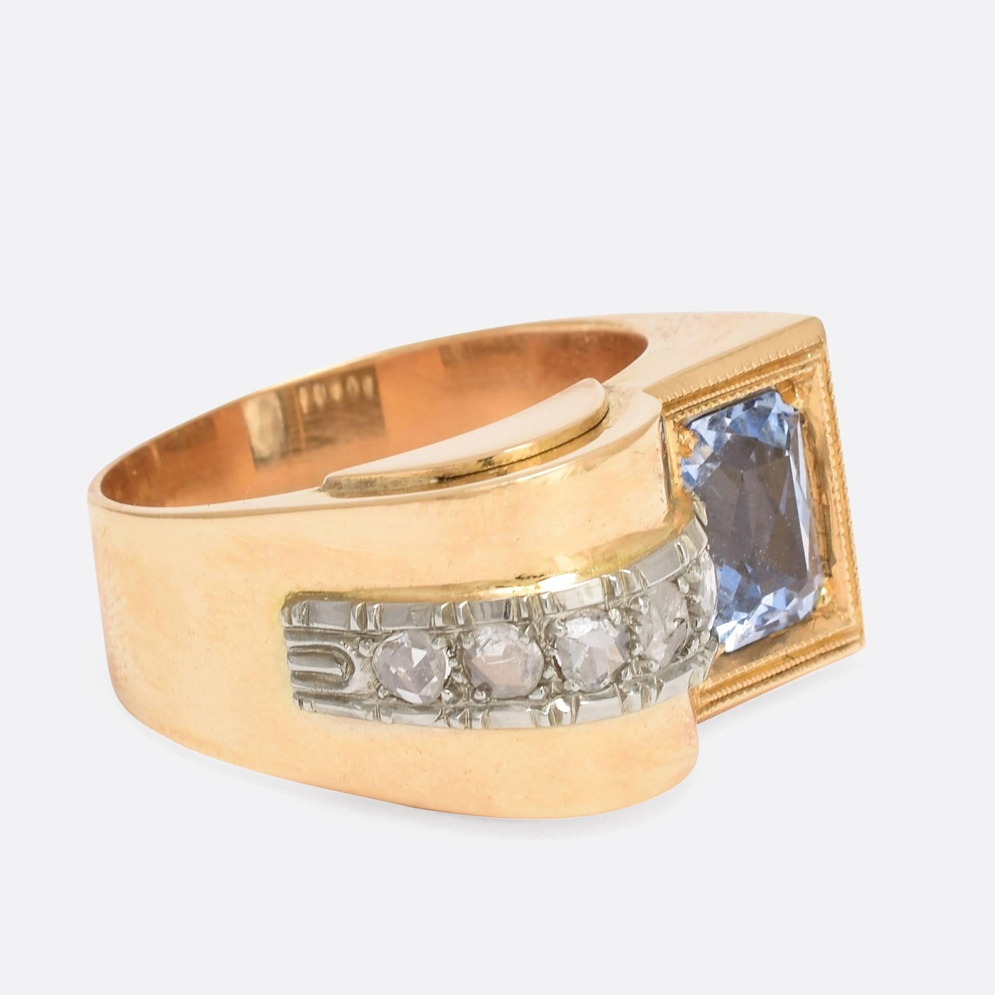 Modernist 1940s Aquamarine and Diamond Gold Cocktail Ring