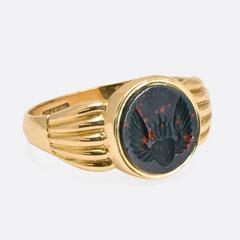 Victorian Bloodstone Winged Flaming Heart Gold Signet Ring
