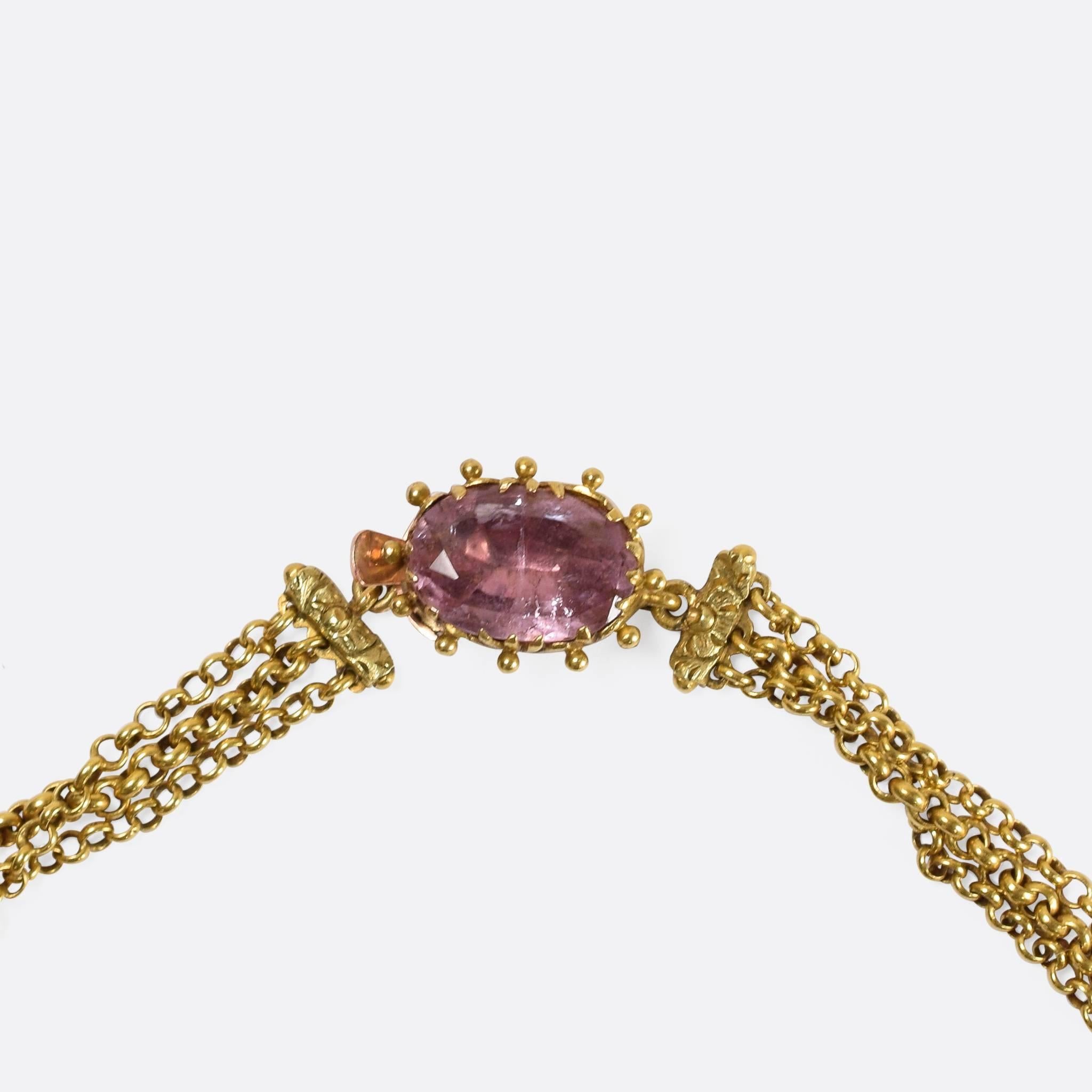 Georgian Pink Topaz Cross Gold Necklace In Excellent Condition In Sale, Cheshire