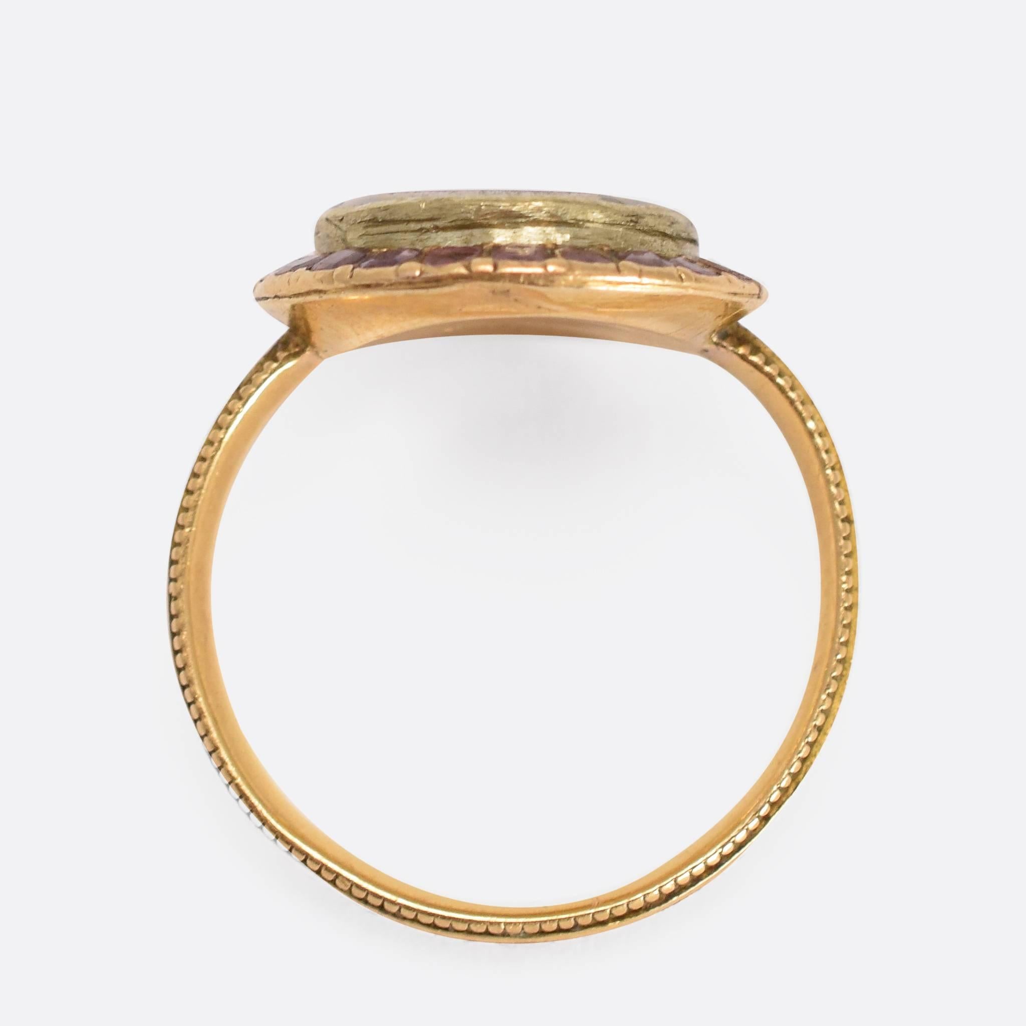 Women's or Men's Georgian Garnet Locket Memorial Gold Ring