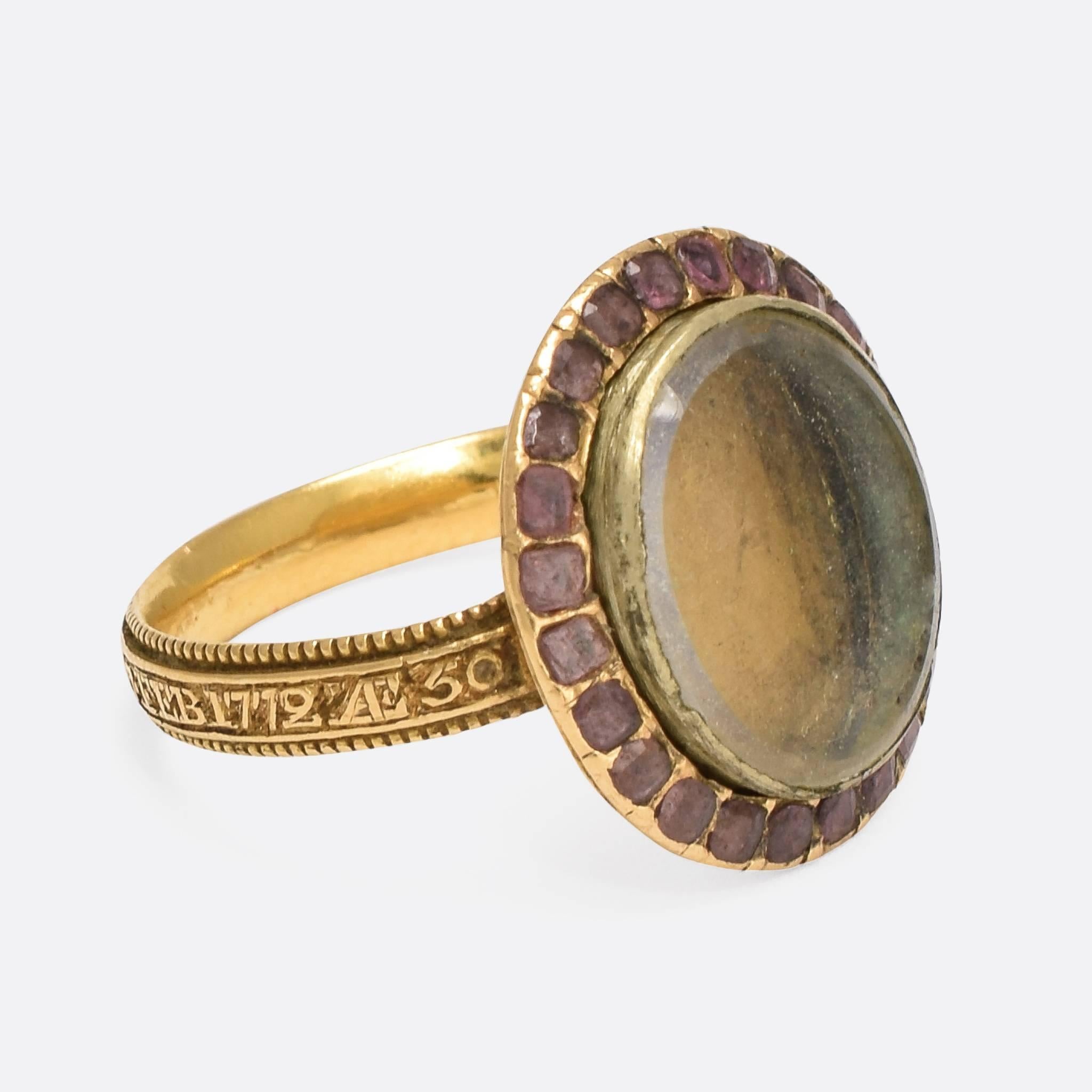 Georgian Garnet Locket Memorial Gold Ring In Excellent Condition In Sale, Cheshire
