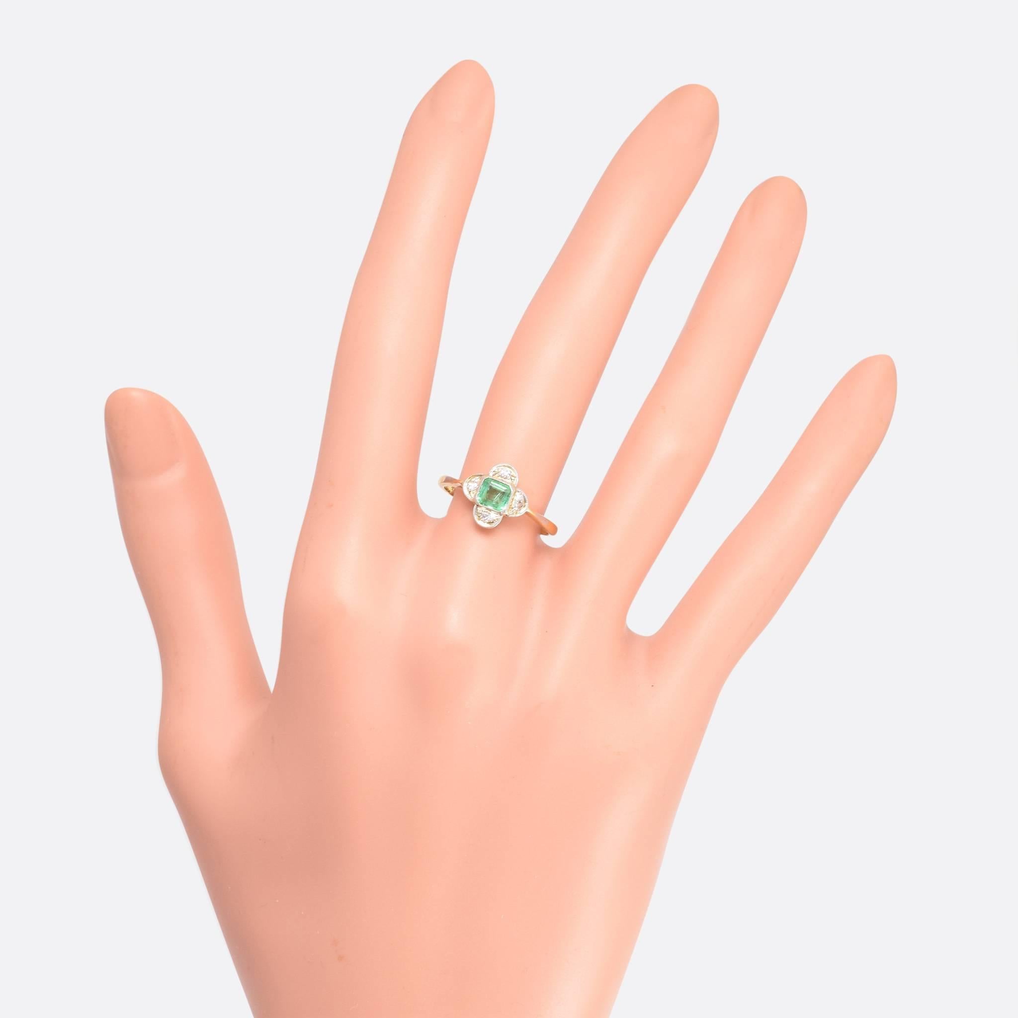 Art Deco Emerald Diamond Quatrefoil Gold Platinum Ring 1