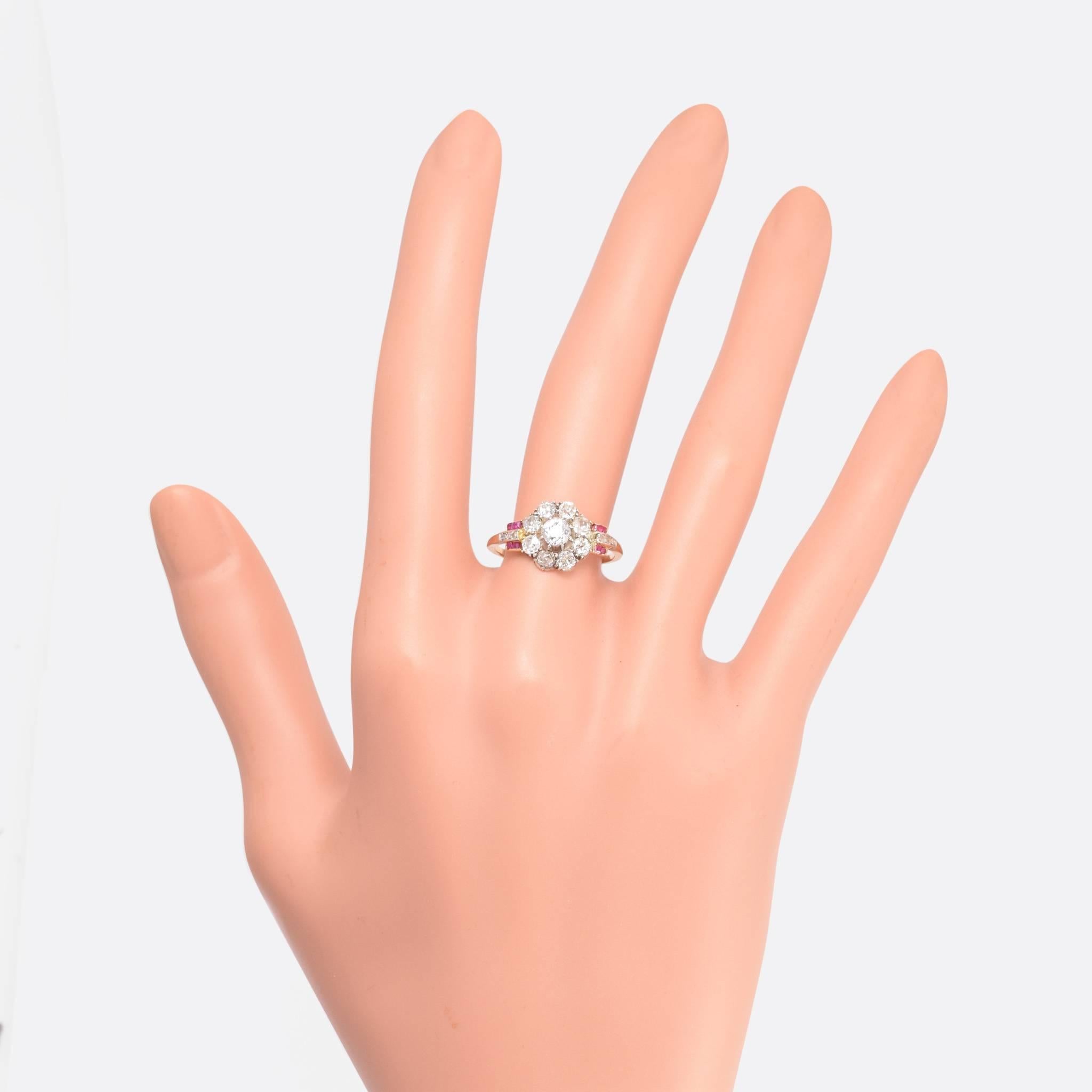Women's or Men's Art Deco Diamond Ruby Flower Cluster Gold Ring