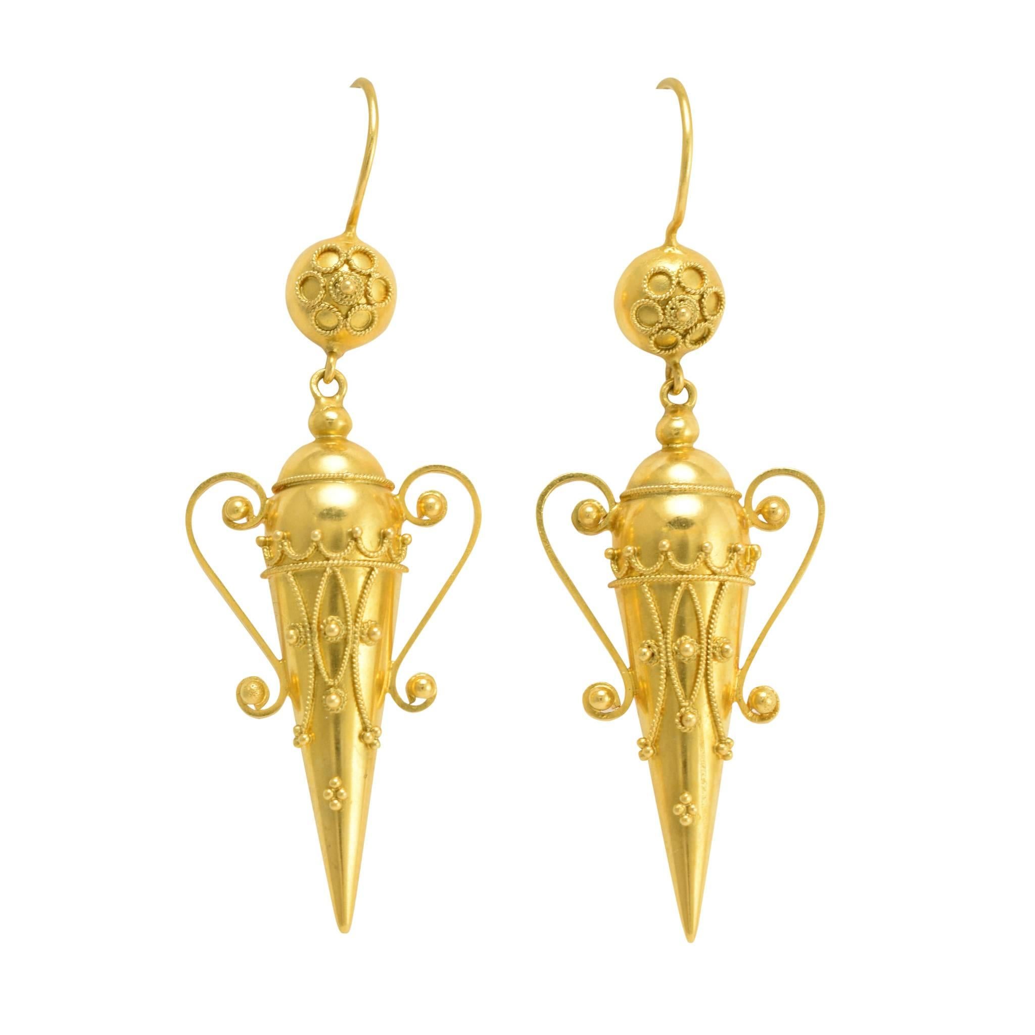 Victorian Etruscan Revival Amphora Gold Earrings