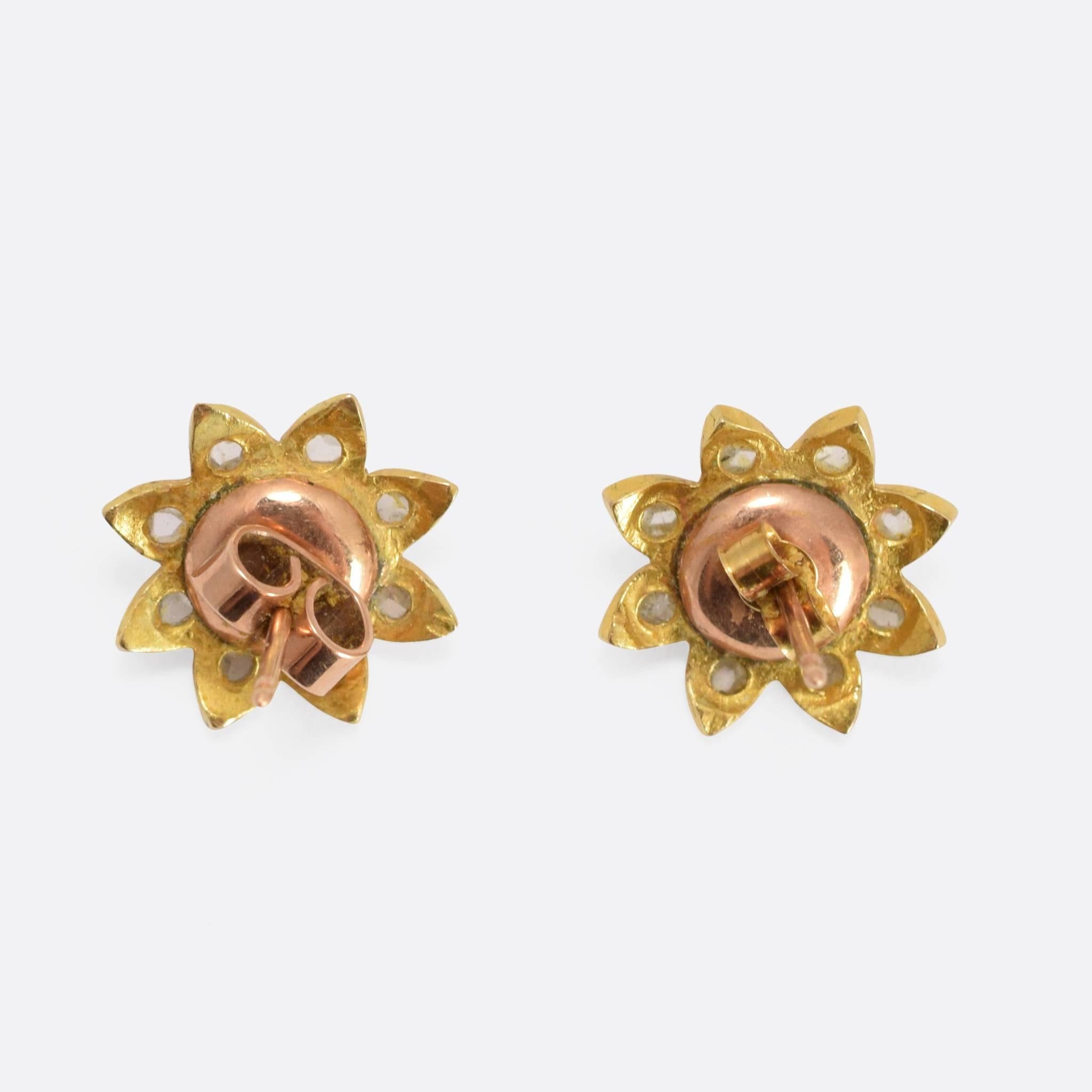 Victorian Cat’s Eye Diamond Flower Gold Stud Earrings In Excellent Condition In Sale, Cheshire