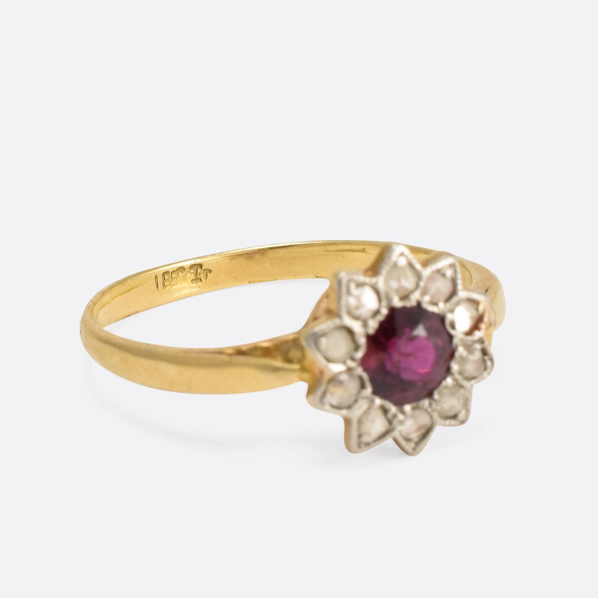 Edwardian Ruby Diamond Gold Platinum Flower Ring 1