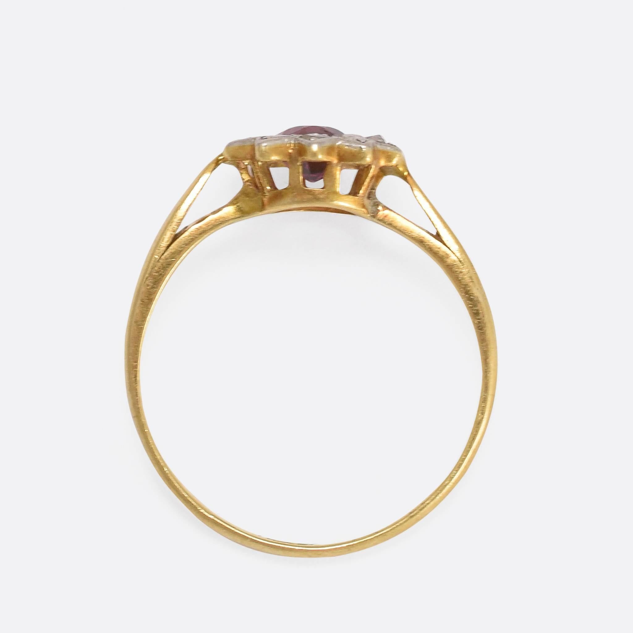 Women's Edwardian Ruby Diamond Gold Platinum Flower Ring