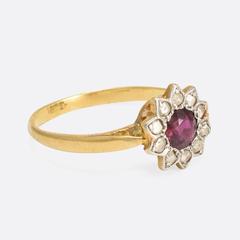 Edwardian Ruby Diamond Gold Platinum Flower Ring