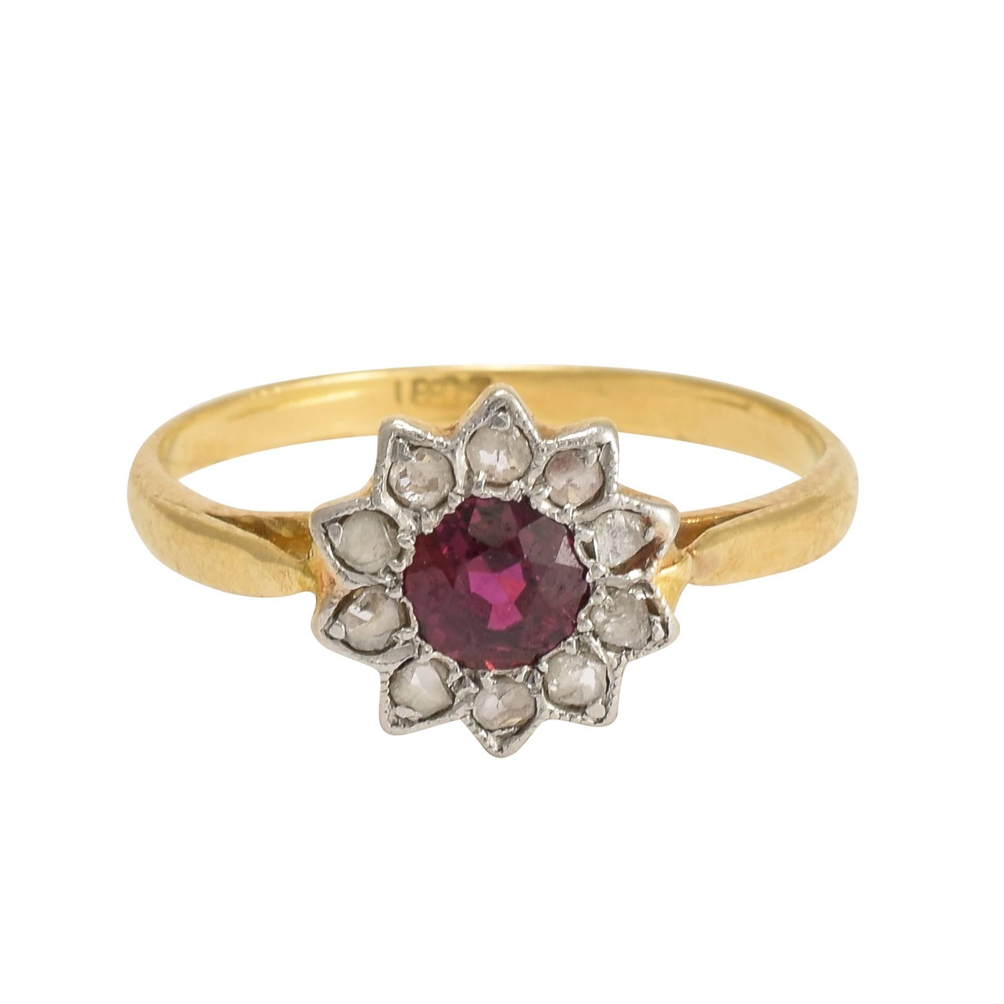 Edwardian Ruby Diamond Gold Platinum Flower Ring