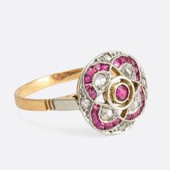 Art Deco Ruby Diamond Openwork Gold Platinum Cluster Ring