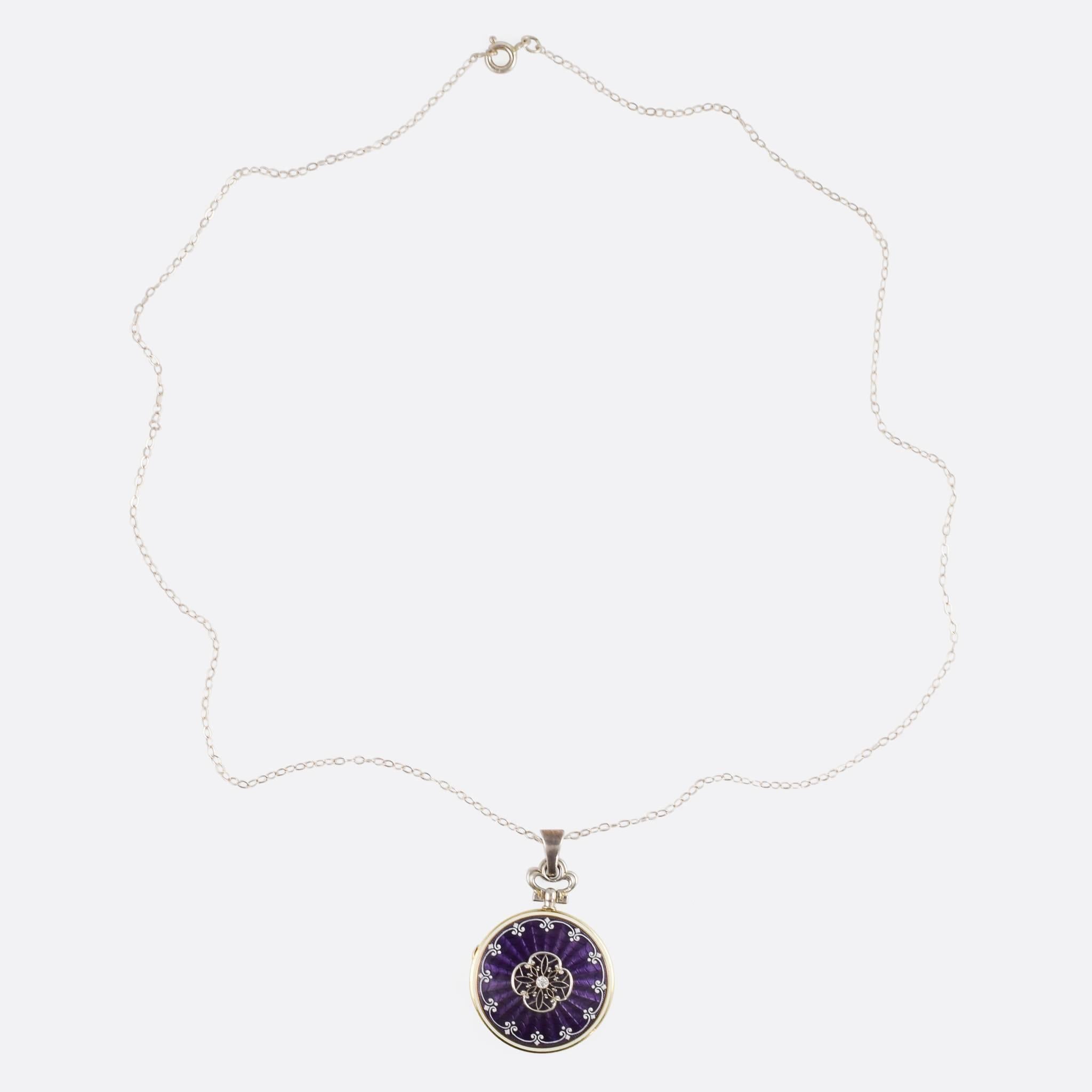 Edwardian Purple Guilloché Enamel Diamond Locket 2