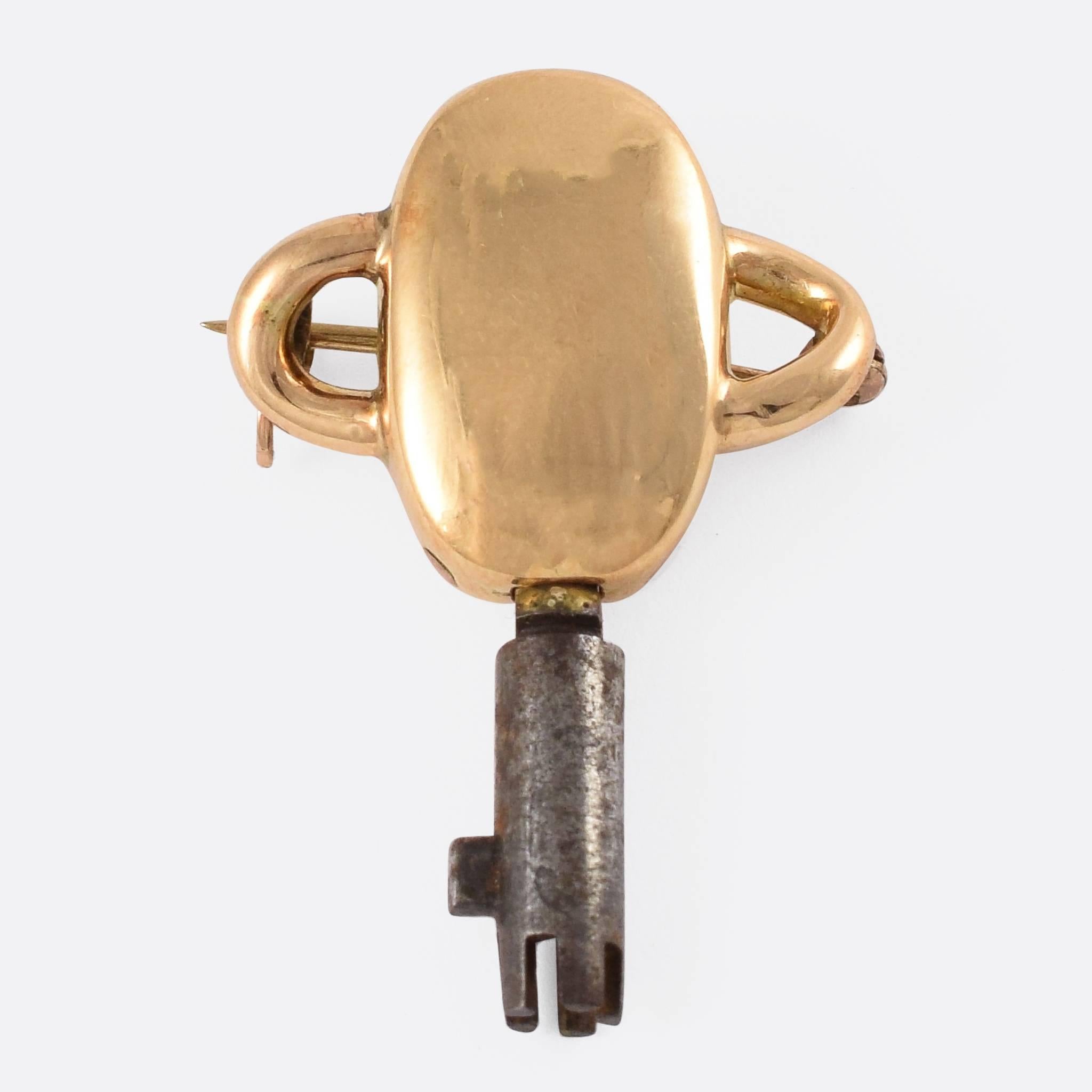 This unusual 15ct gold brooch dates to the mid-19th Century, and holds a special kind of key within. The Bramah lock was invented by Joseph Bramah in 1784, and features a cylindrical key design with five shafts at the end. It is now regarded as the