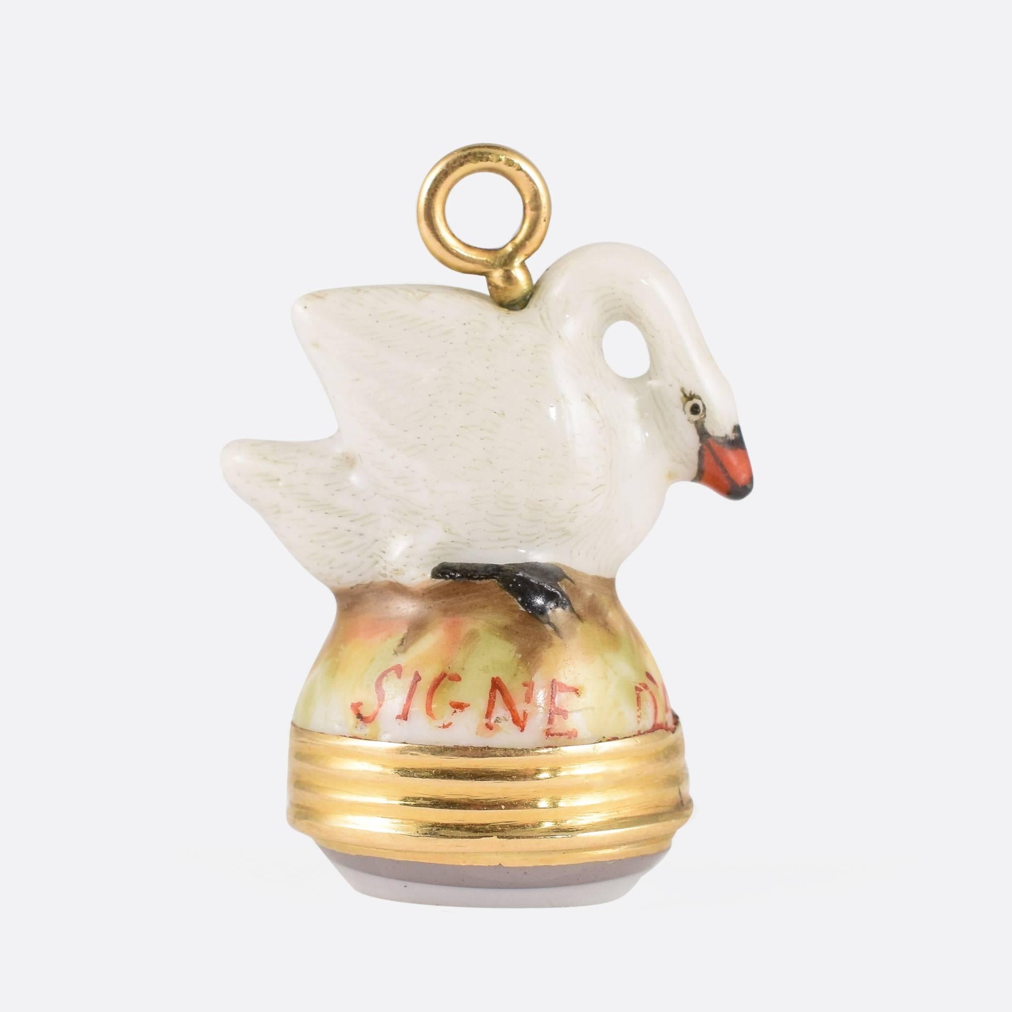 An original 18th Century porcelain Derby Chelsea period fob seal. This particular piece features a nesting swan and displays the vivid colouring typical of the Derby factory. The design is older, however, originating from the earlier work of the