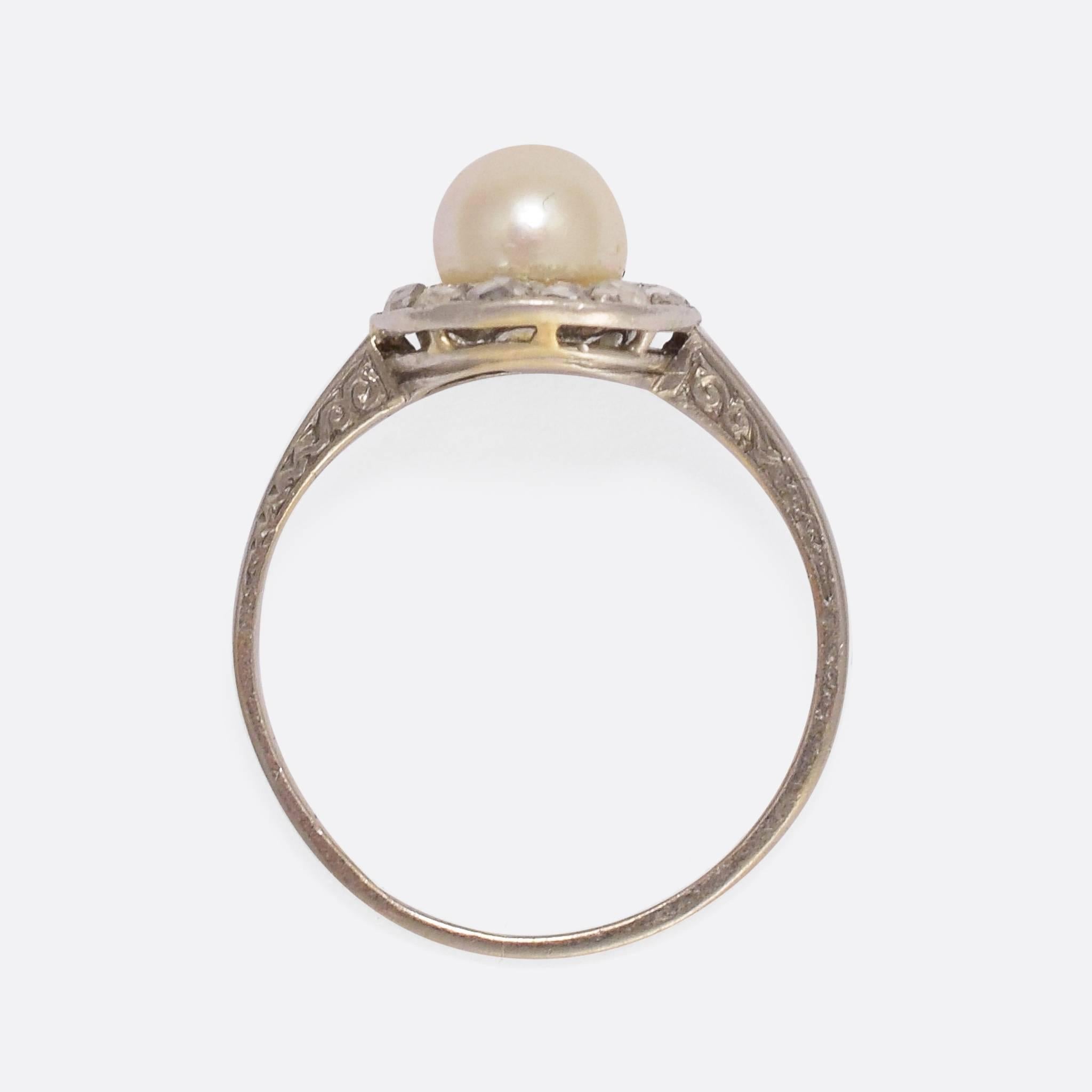 Women's Art Deco Pearl Diamond Platinum Cluster Ring