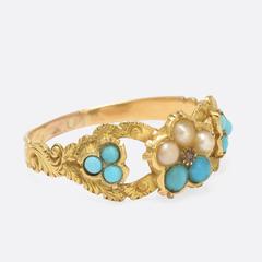Victorian Turquoise Pearl Pansy Locket Ring