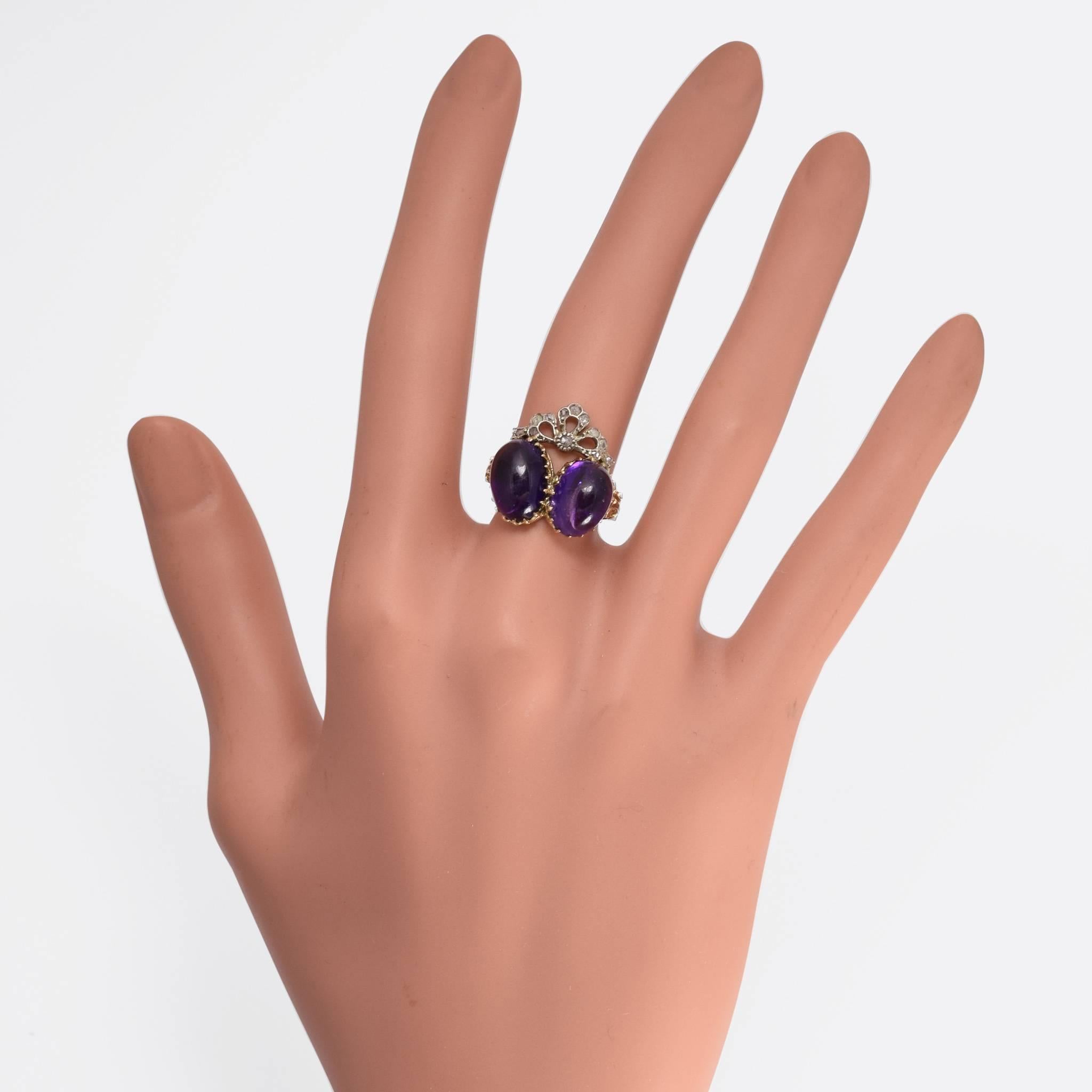 Antique Victorian Amethyst Diamond gold Bowed Double Heart Ring In Excellent Condition In Sale, Cheshire