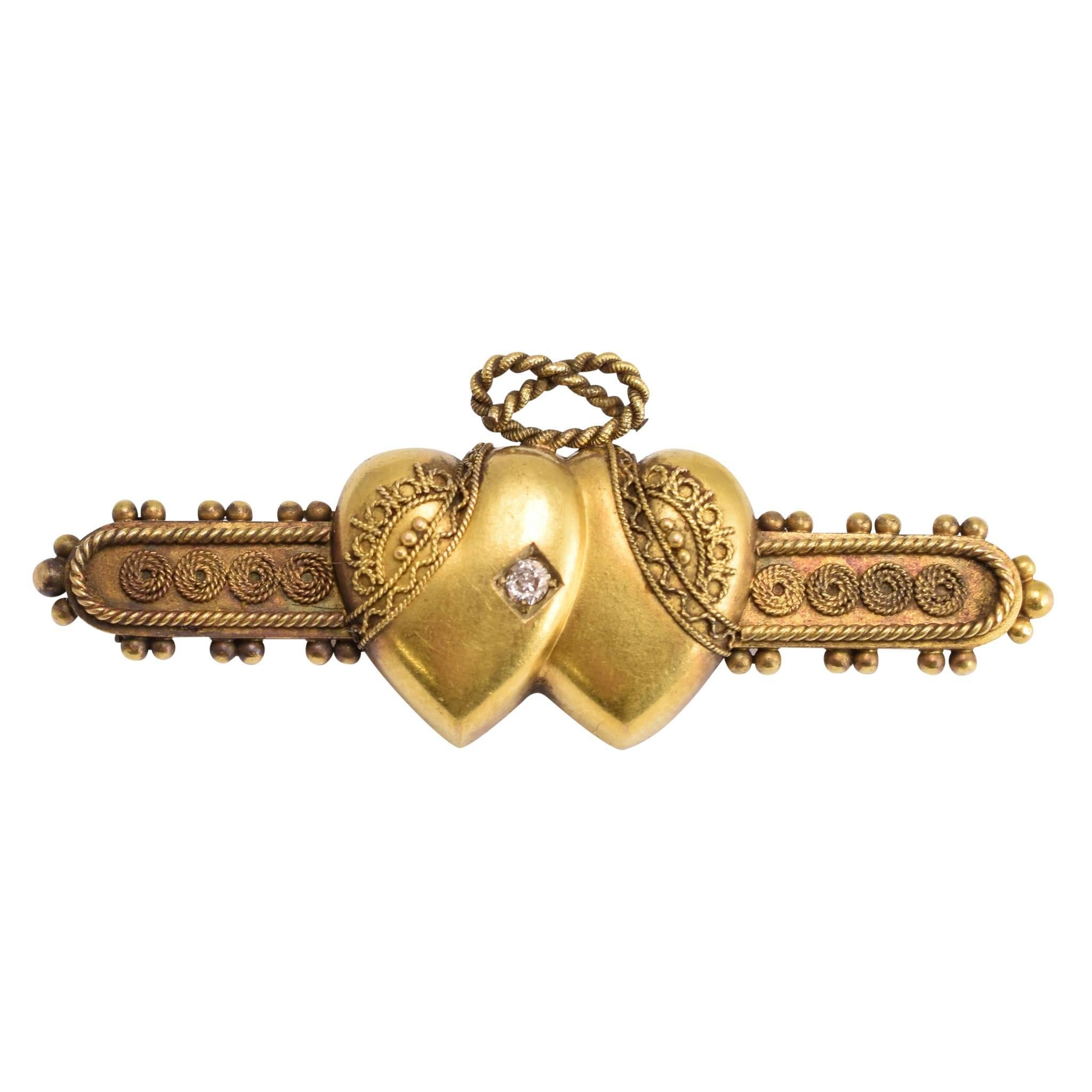 Victorian Diamond Double Heart Brooch