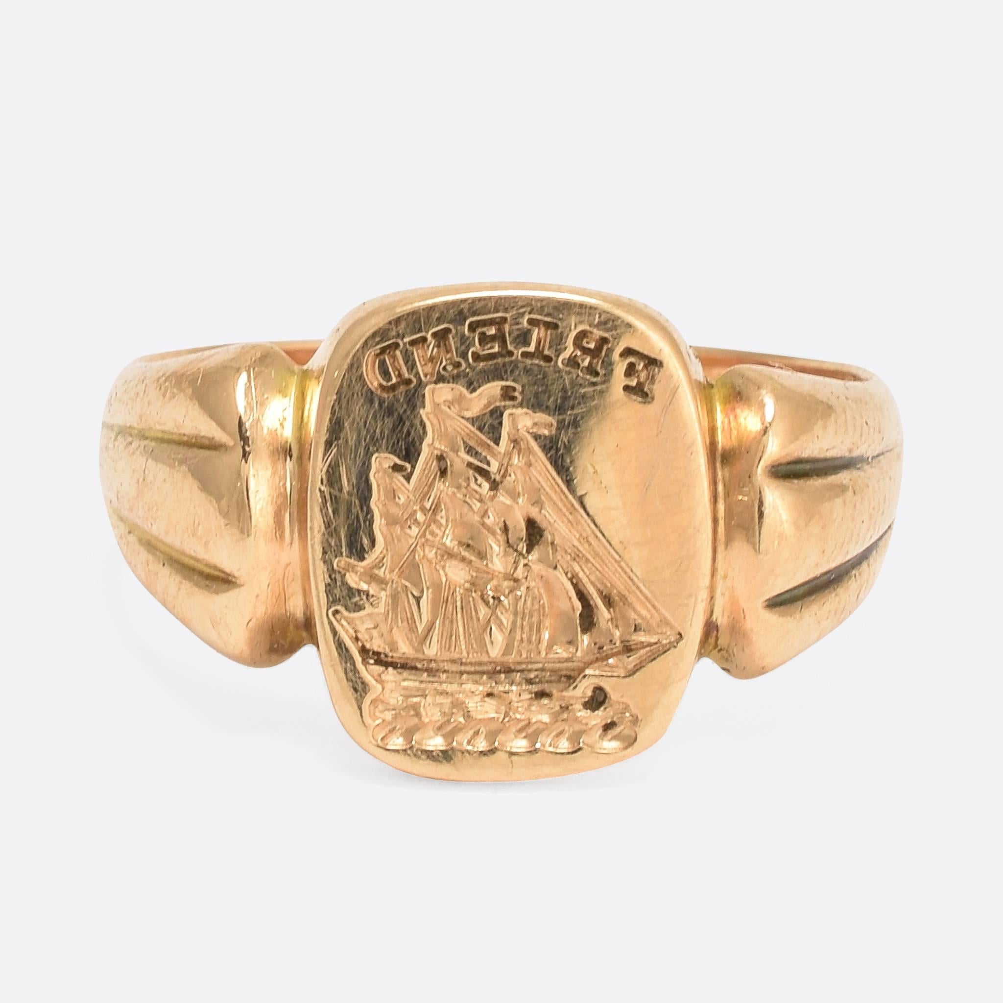 This exceptional antique Signet Ring is carved with a charming intaglio crest: that of a ship, in full sail, underneath the word 