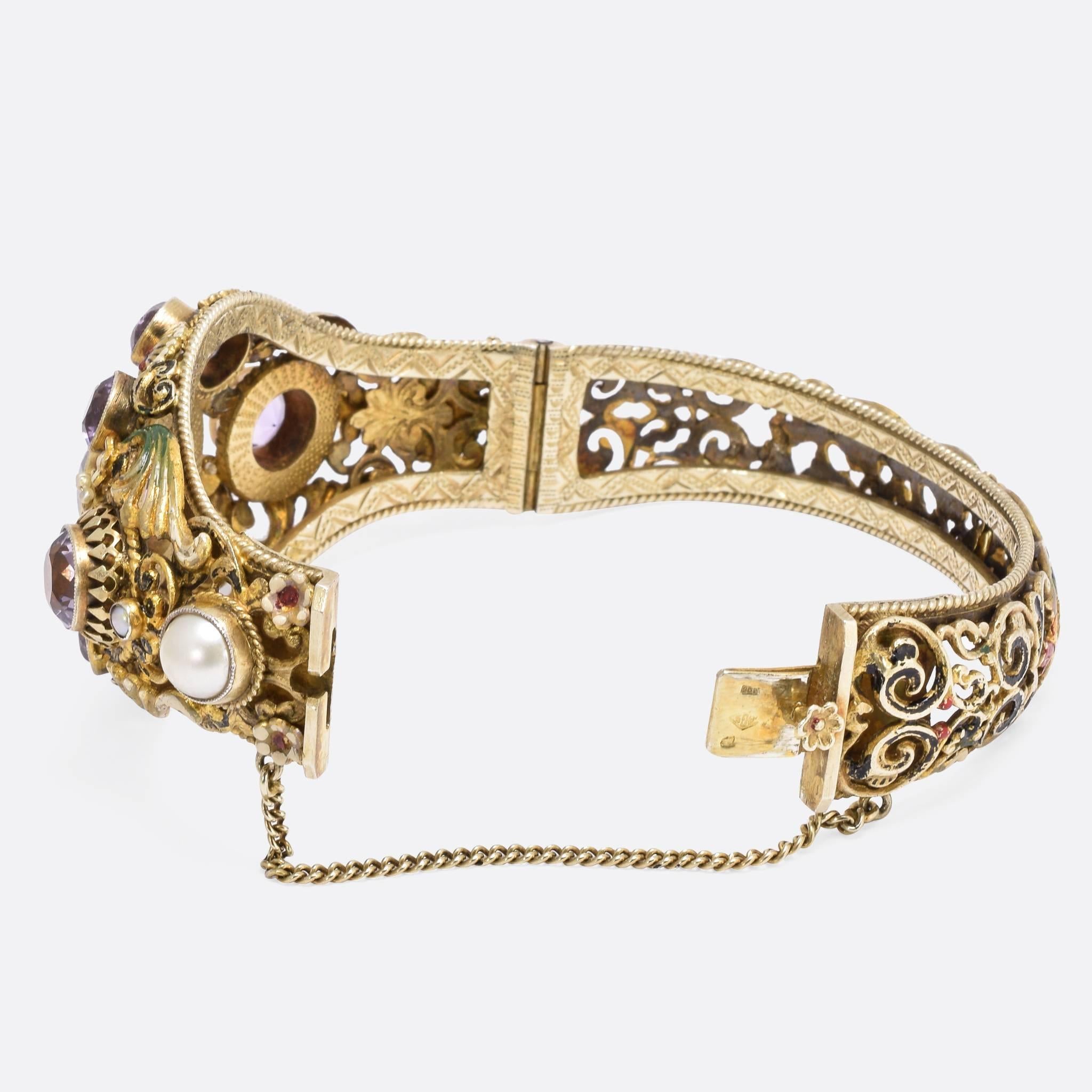 Antique Austro-Hungarian Enamel Pearl Amethyst silver gilt Bracelet In Good Condition In Sale, Cheshire