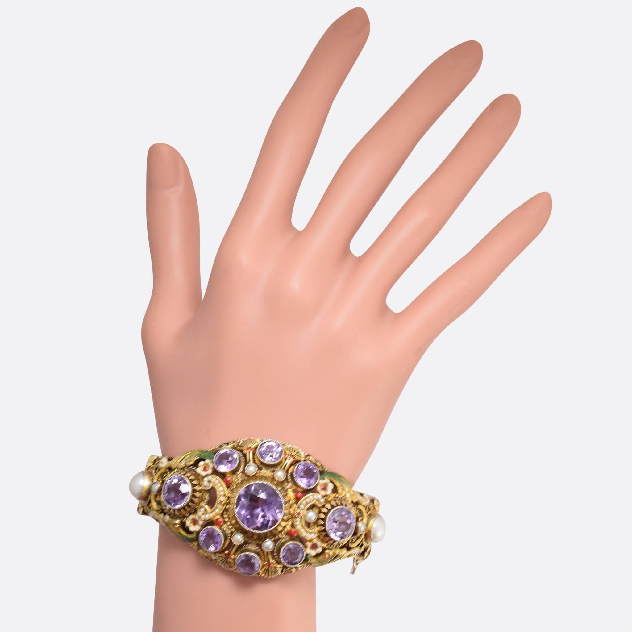 Antique Austro-Hungarian Enamel Pearl Amethyst silver gilt Bracelet 2