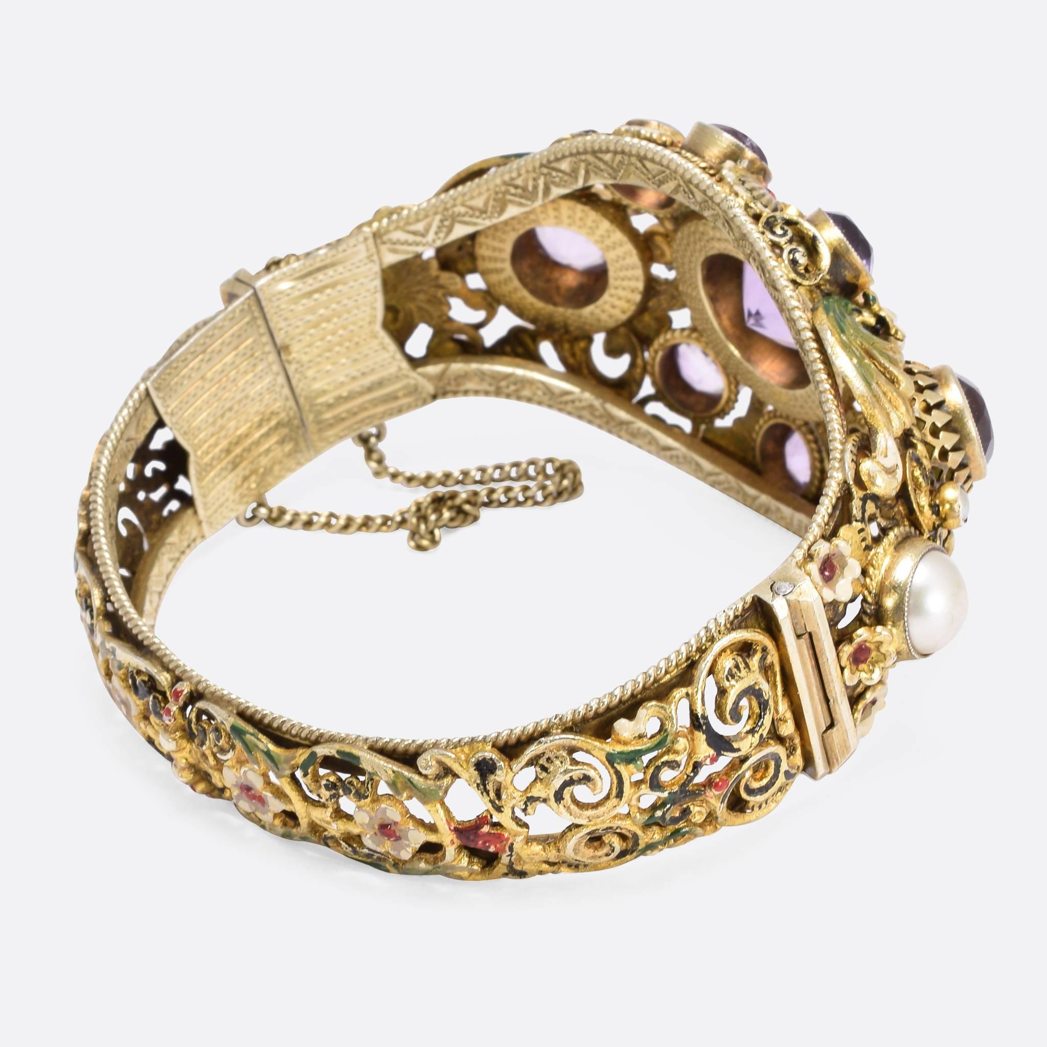 Victorian Antique Austro-Hungarian Enamel Pearl Amethyst silver gilt Bracelet