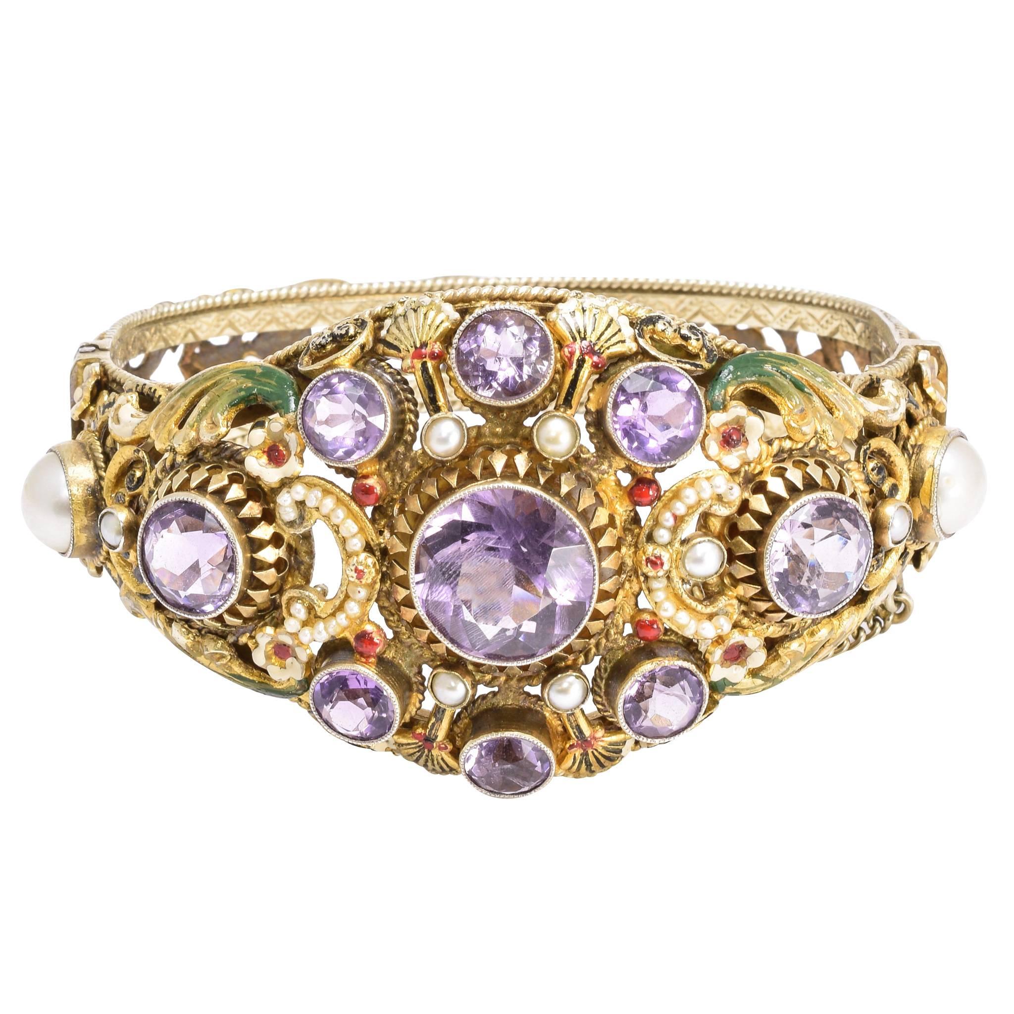 Antique Austro-Hungarian Enamel Pearl Amethyst silver gilt Bracelet
