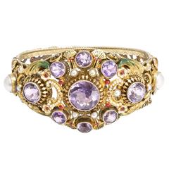 Antique Austro-Hungarian Enamel Pearl Amethyst silver gilt Bracelet