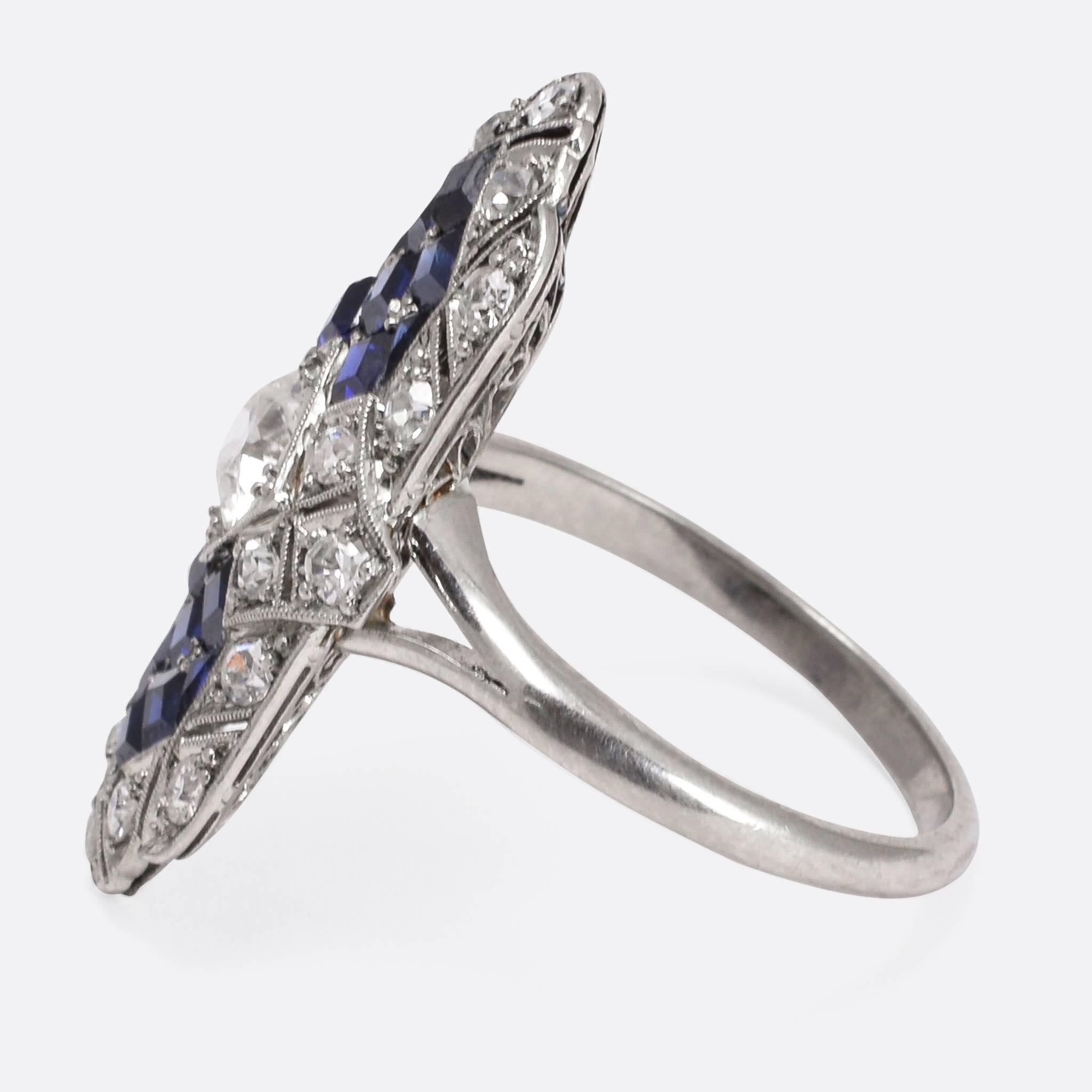 Art Deco Sapphire Diamond Platinum Ring In Excellent Condition In Sale, Cheshire