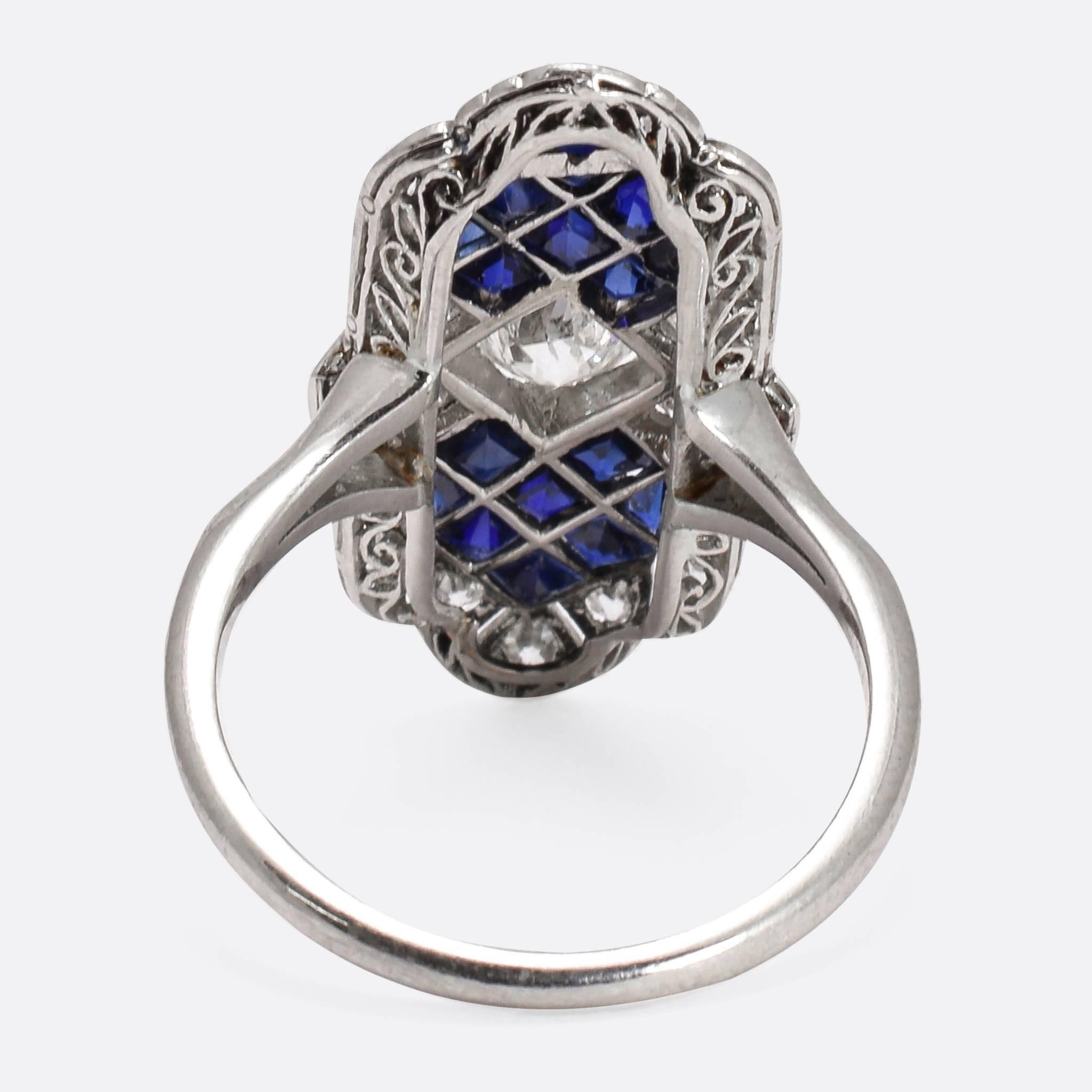 Women's Art Deco Sapphire Diamond Platinum Ring