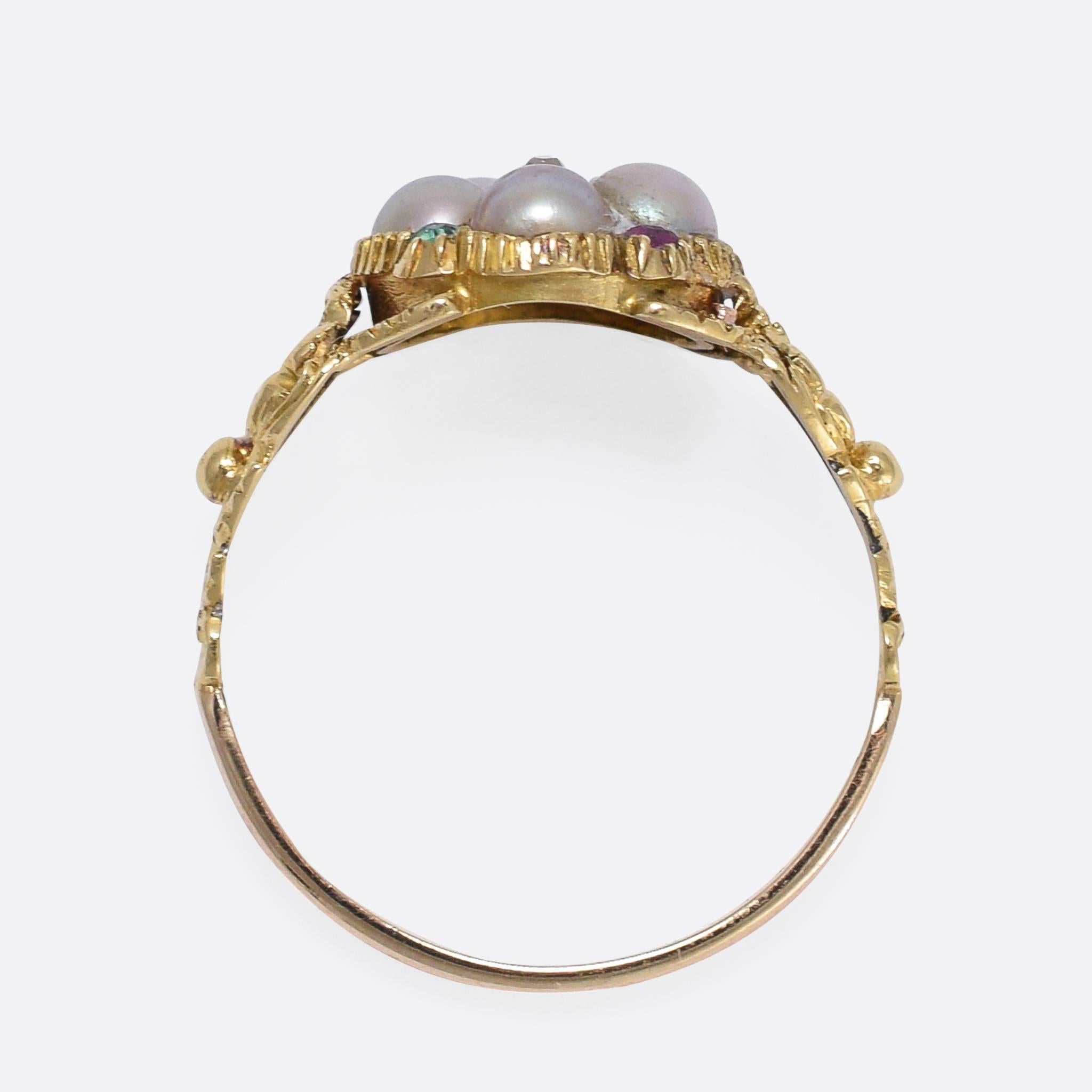 Women's Antique Georgian Acrostic Pearl Gemstone Gold Ring